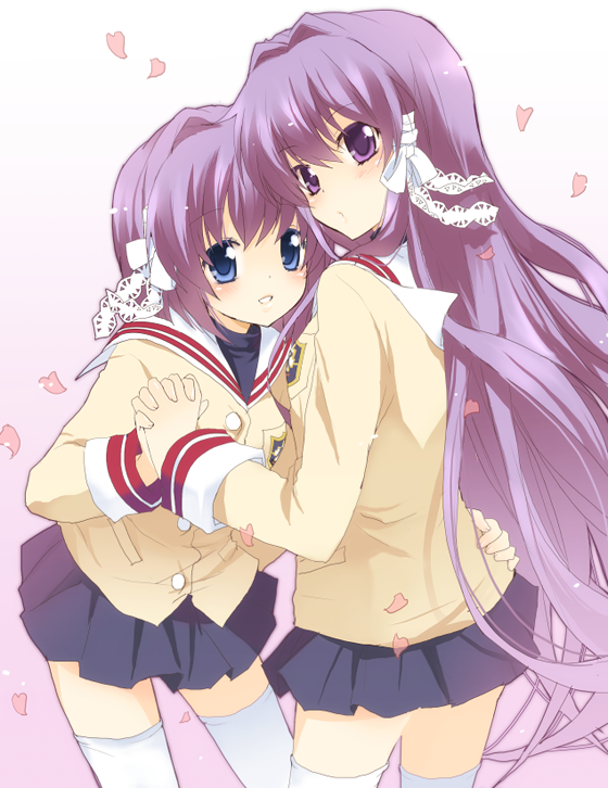 kurot, fujibayashi kyou, fujibayashi ryou, clannad, bad id, bad pixiv id, 00s, blue eyes, holding hands, hug, long hair, purple eyes, purple hair, school uniform, serafuku, short hair, siblings, sisters, thighhighs, twins, zettai ryouiki