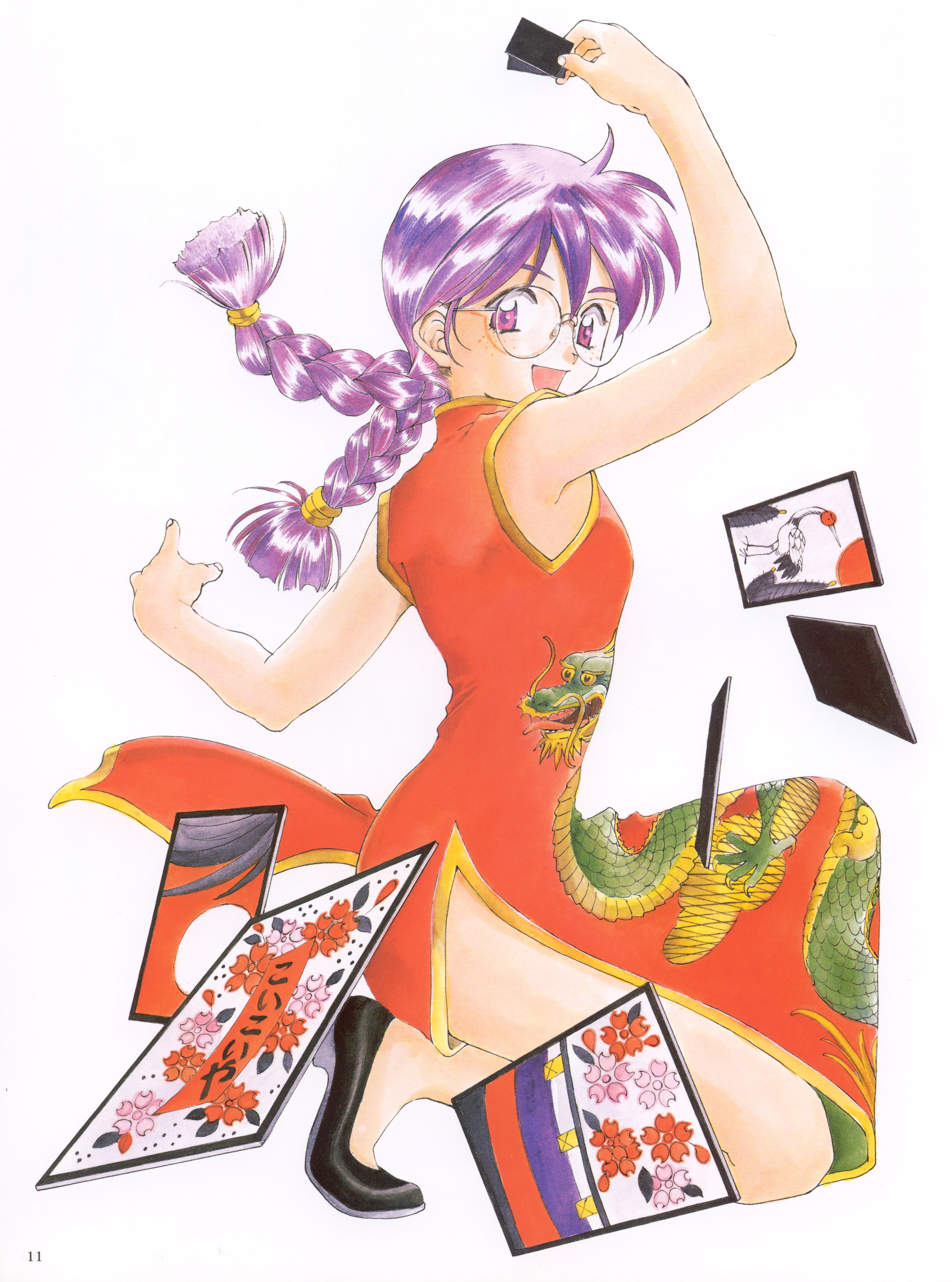 fujishima kousuke, ri kouran, sakura taisen, absurdres, highres, official art, scan, 00s, 1girl, black shoes, braid, card, china dress, chinese clothes, dress, freckles, glasses, hanafuda, holding, holding card, kneeling, long dress, on one knee, open mouth, purple eyes, purple hair, round eyewear, shoes, side slit, smile, twin braids, twintails