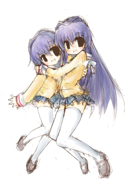 58, fujibayashi kyou, fujibayashi ryou, clannad, bad id, bad pixiv id, 00s, brown eyes, hug, long hair, purple hair, school uniform, serafuku, short hair, siblings, sisters, sketch, thighhighs, twins