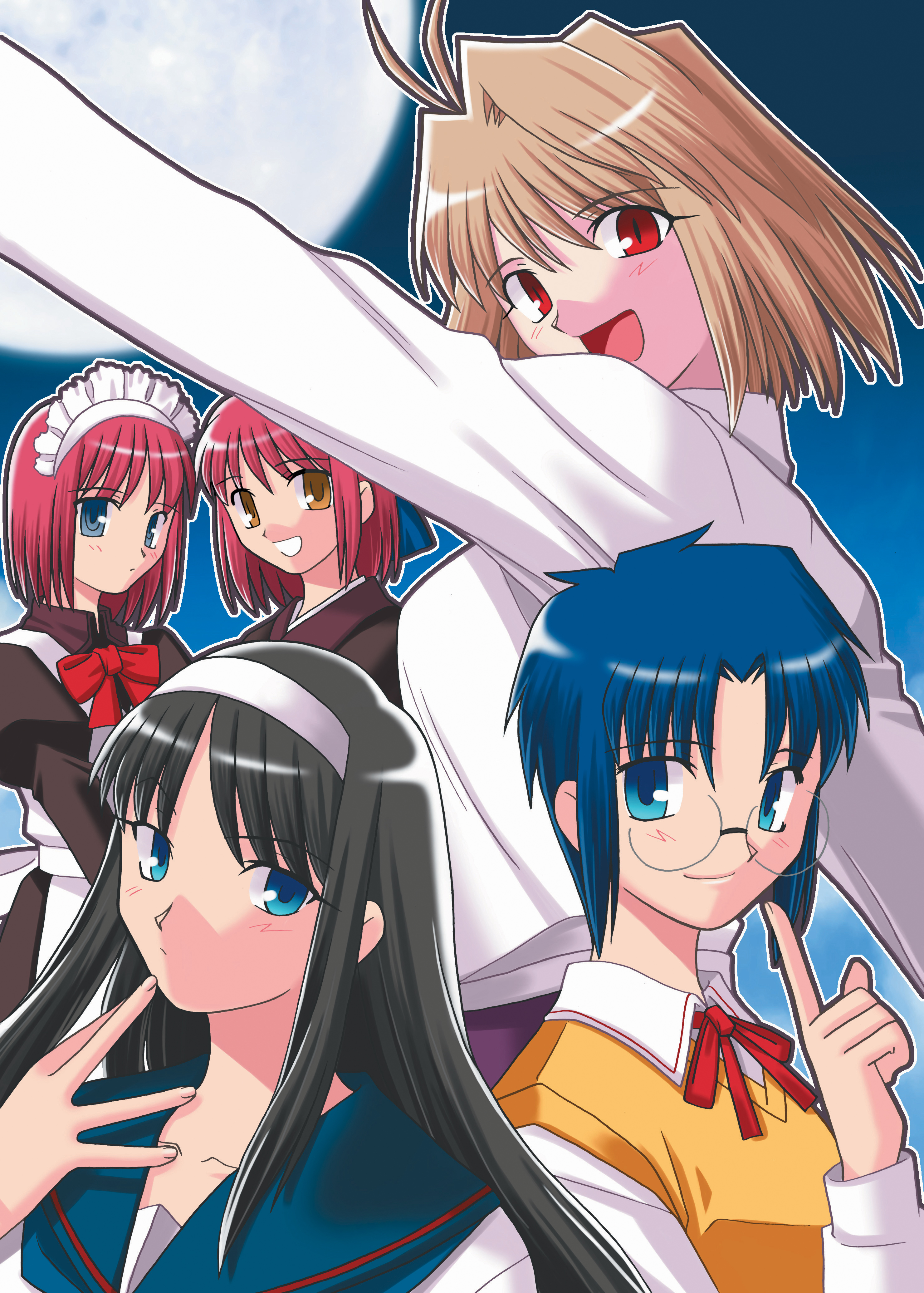 takeuchi takashi, arcueid brunestud, ciel (tsukihime), hisui (tsukihime), kohaku (tsukihime), tohno akiha, melty blood, tsukihime, type-moon, absurdres, highres, scan, 00s, 5girls, black hair, blonde hair, blue eyes, blue hair, glasses, long hair, maid, multiple girls, red eyes, red hair, short hair, siblings, sidelocks, sisters, twins, yellow eyes