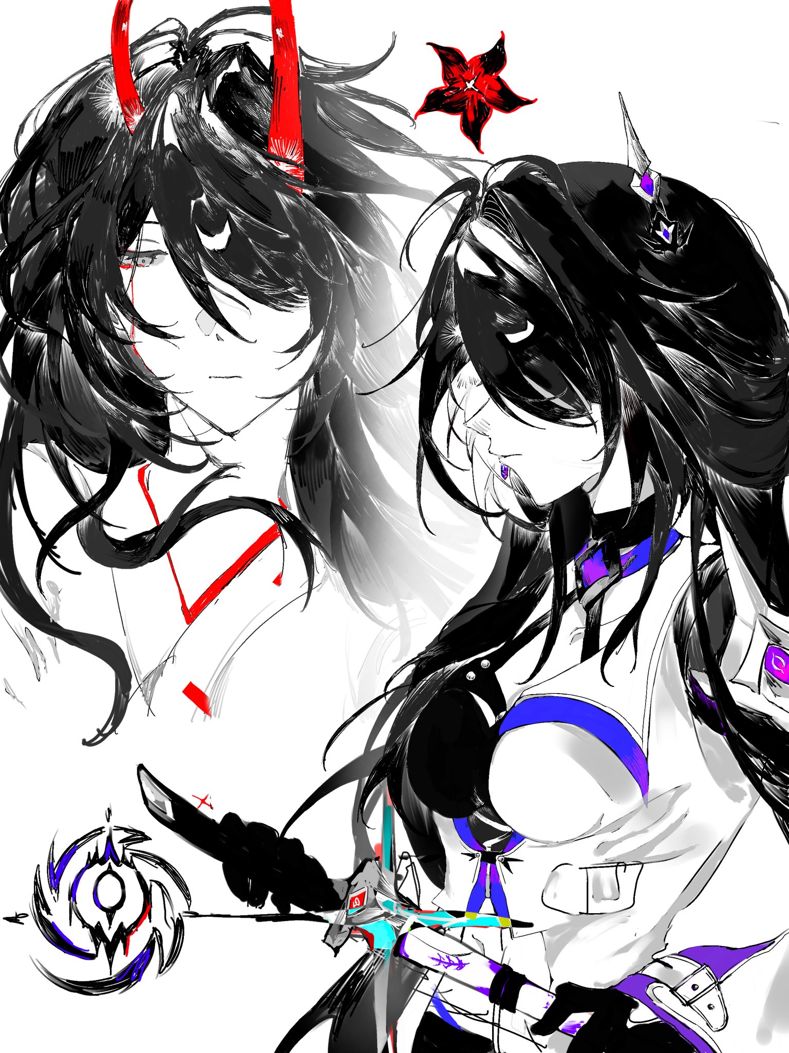 acheron (honkai: star rail), acheron (izumo) (honkai: star rail), honkai: star rail, honkai (series), highres, 1girl, black gloves, black hair, buckle, flower, from side, gloves, hair ornament, hair over one eye, holding, holding weapon, horns, jacket, japanese clothes, kimono, meiirr 10, nihility symbol (honkai: star rail), red flower, red horns, scabbard, sheath, simple background, tears, weapon