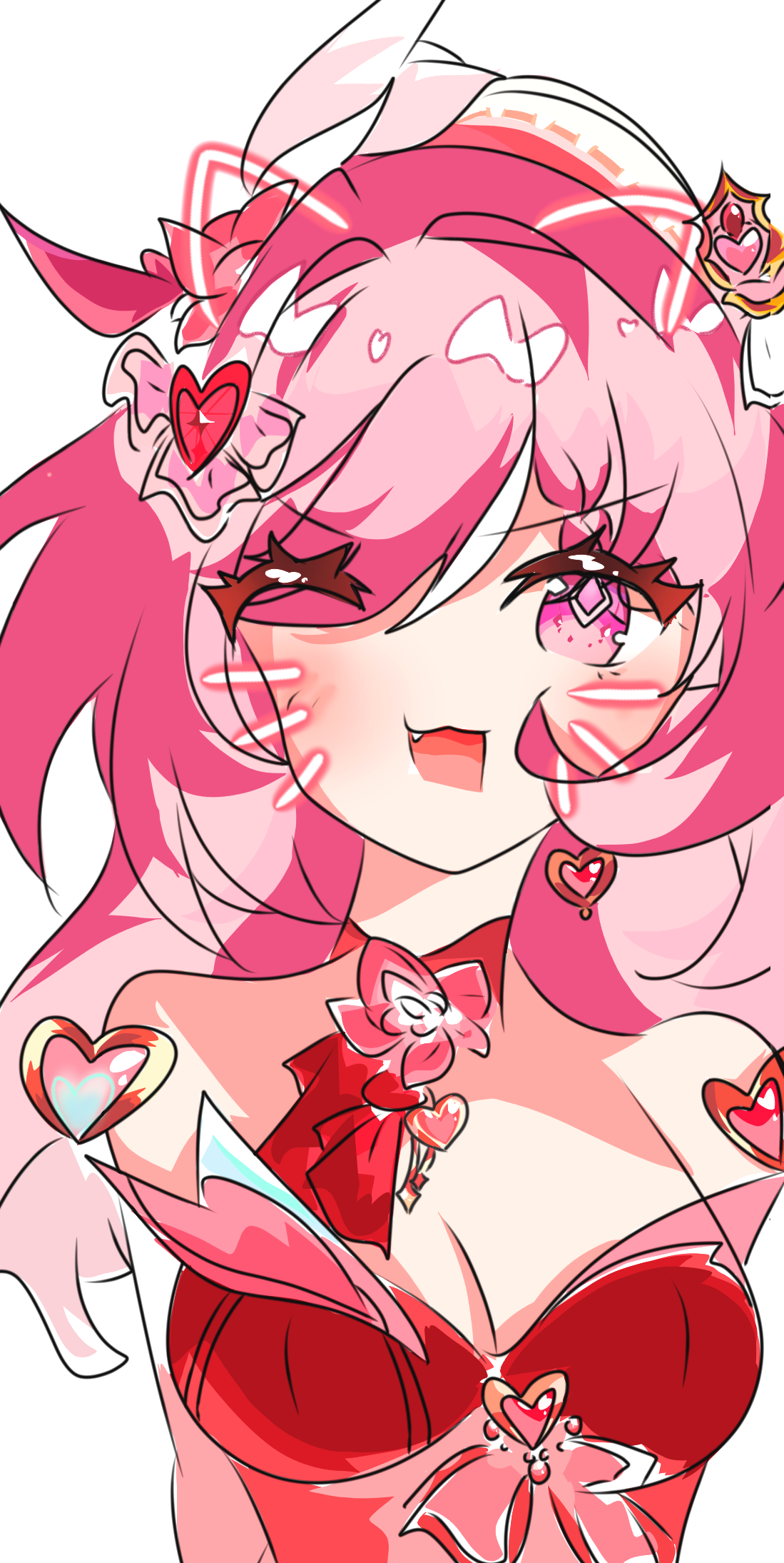 elysia (hi love elf) (honkai impact), elysia (honkai impact), honkai (series), honkai impact 3rd, chinese commentary, commentary request, highres, 1girl, ;o, bare shoulders, bendan06996, beret, breasts, cleavage, drawn ears, drawn whiskers, dress, face filter, hat, large breasts, long hair, one eye closed, pink hair, purple eyes, red dress, simple background, solo, upper body, white background