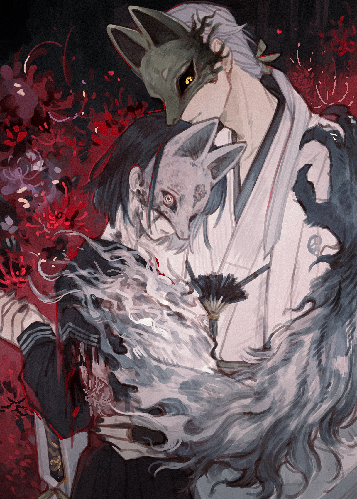 luminous slime, fox mask (silent hill), shimizu hinako, silent hill (series), silent hill f, highres, 1boy, 1girl, black hair, black serafuku, blood, blood on clothes, flower, fox mask, half mask, japanese clothes, kimono, long hair, looking at viewer, low ponytail, mask, ponytail, school uniform, serafuku, shirt, short hair, spider lily, torn clothes, torn shirt, white hair, white kimono