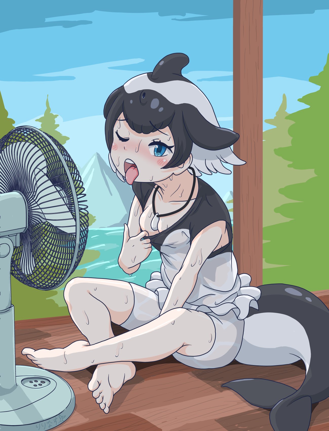 ririnasoon, commerson's dolphin (kemono friends), kemono friends, highres, 1girl, barefoot, black hair, black one-piece swimsuit, blowhole, blue eyes, blush, cetacean tail, collared shirt, dolphin girl, dorsal fin, electric fan, fins, fish tail, frilled one-piece swimsuit, frills, hair between eyes, head fins, hot, jewelry, multicolored hair, necklace, one-piece swimsuit, one eye closed, open mouth, shell, shell necklace, shirt, short hair, sidelocks, sleeveless, solo, sweat, sweatdrop, swimsuit, tail, tongue, tongue out, two-tone hair, two-tone one-piece swimsuit, white hair, white one-piece swimsuit