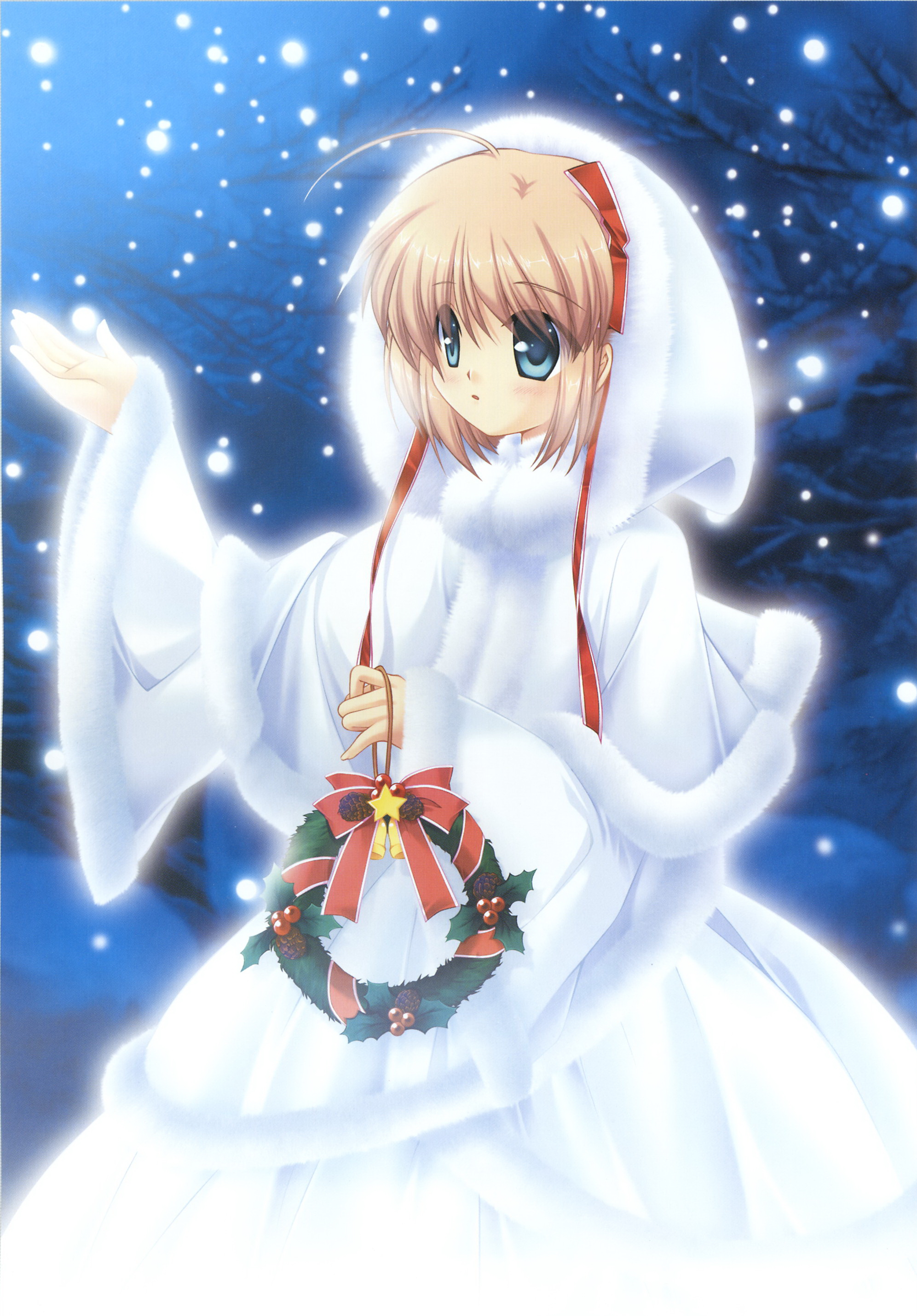 kamikita komari, little busters!, absurdres, highres, aqua eyes, blonde hair, christmas, forest, nature, ribbon, short hair, snow, solo