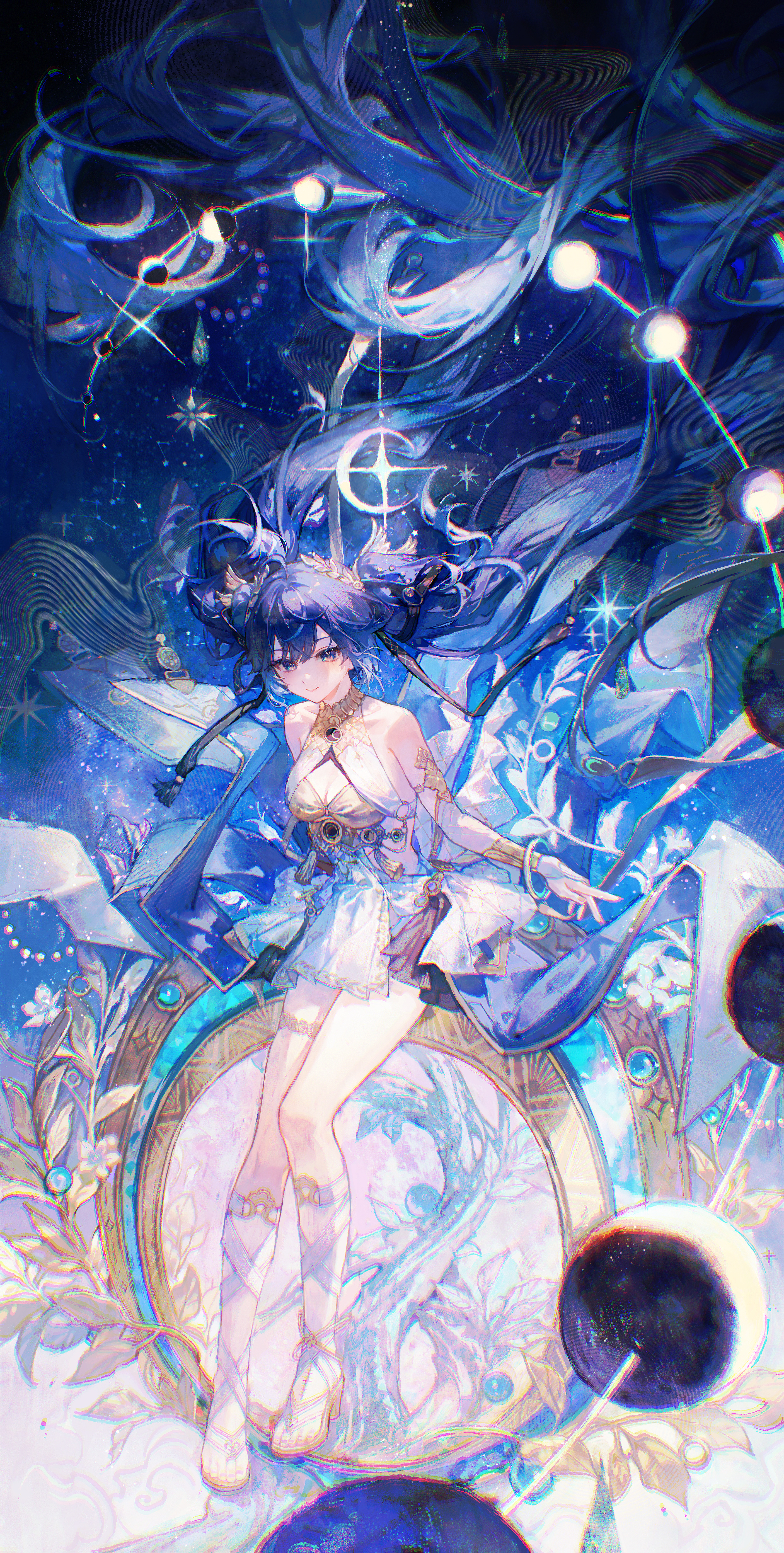 maccha (mochancc), iuno (wuthering waves), wuthering waves, absurdres, commentary request, highres, 1girl, ancient greek clothes, armlet, bare shoulders, black skirt, blue eyes, blue hair, breasts, cleavage, closed mouth, full body, gladiator sandals, gold bra, greco-roman clothes, hair belt, jewelry, laurel crown, long hair, looking at viewer, medium breasts, miniskirt, sandals, skirt, smile, solo, tacet mark (wuthering waves), thighlet, thighs, twintails, very long hair