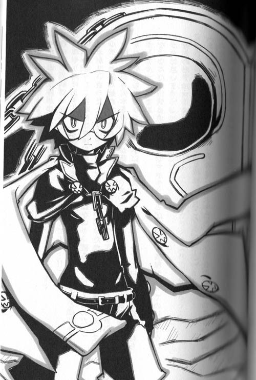 mao (disgaea), disgaea, makai senki disgaea 3, nippon ichi, scan, 1boy, belt, chain, glasses, greyscale, male focus, monochrome, serious, shirt, solo, spiked hair