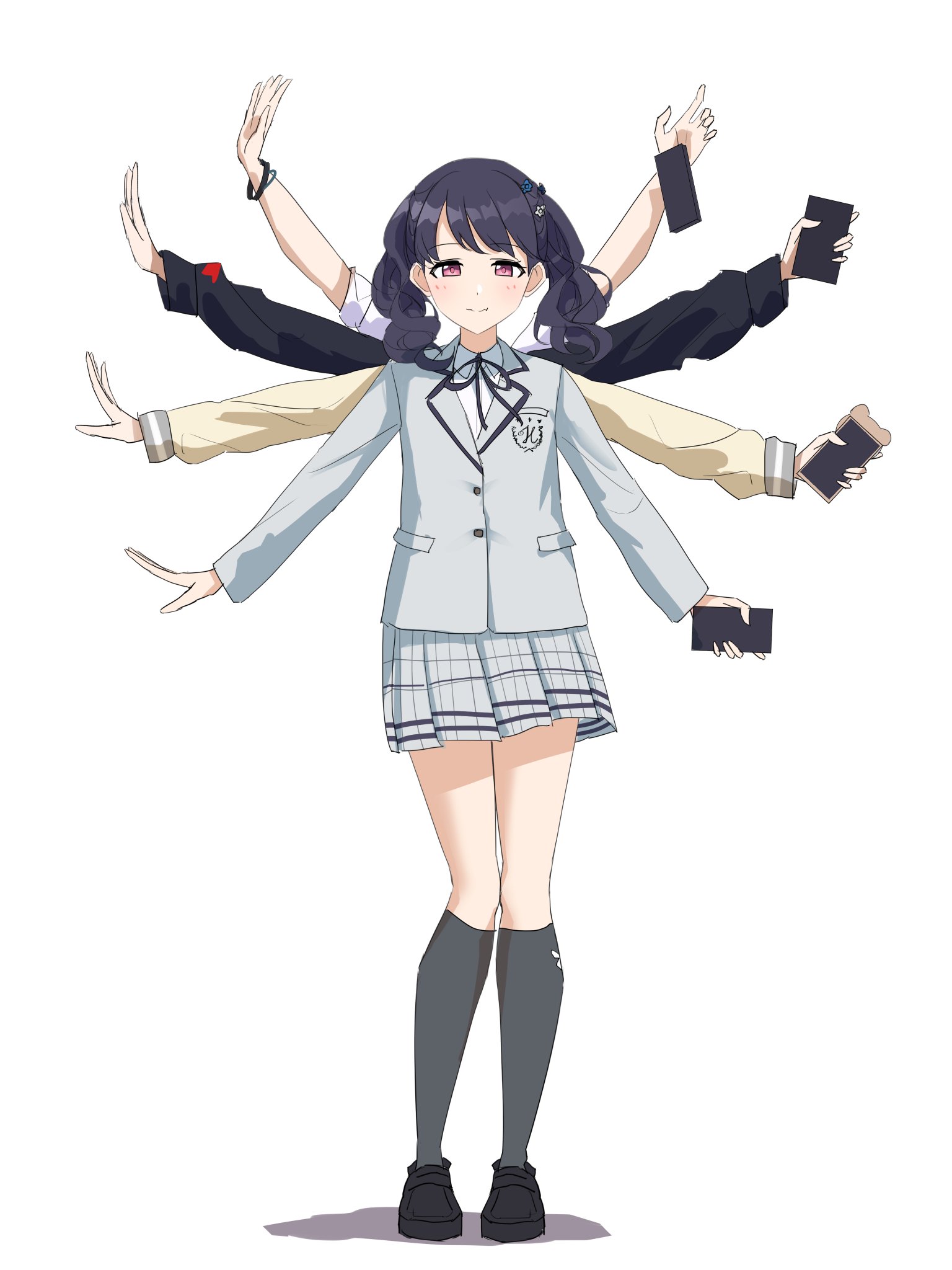 jtangc, asakura toru, fukumaru koito, higuchi madoka, ichikawa hinana, noctchill (idolmaster), idolmaster, idolmaster shiny colors, highres, 4girls, arms up, black hair, black ribbon, black shoes, blazer, blush, bracelet, cellphone, closed mouth, collared shirt, dropping, fang, full body, grey jacket, grey skirt, grey socks, hair ornament, holding, holding phone, jacket, jewelry, kneehighs, lapels, loafers, long sleeves, looking at viewer, medium hair, miniskirt, multiple girls, neck ribbon, notched lapels, outstretched arms, phone, pink eyes, plaid clothes, plaid skirt, pleated skirt, ribbon, school uniform, shirt, shoes, simple background, skin fang, skirt, smartphone, smartphone case, smile, socks, solo focus, spread arms, standing, swept bangs, twintails, white background, white shirt