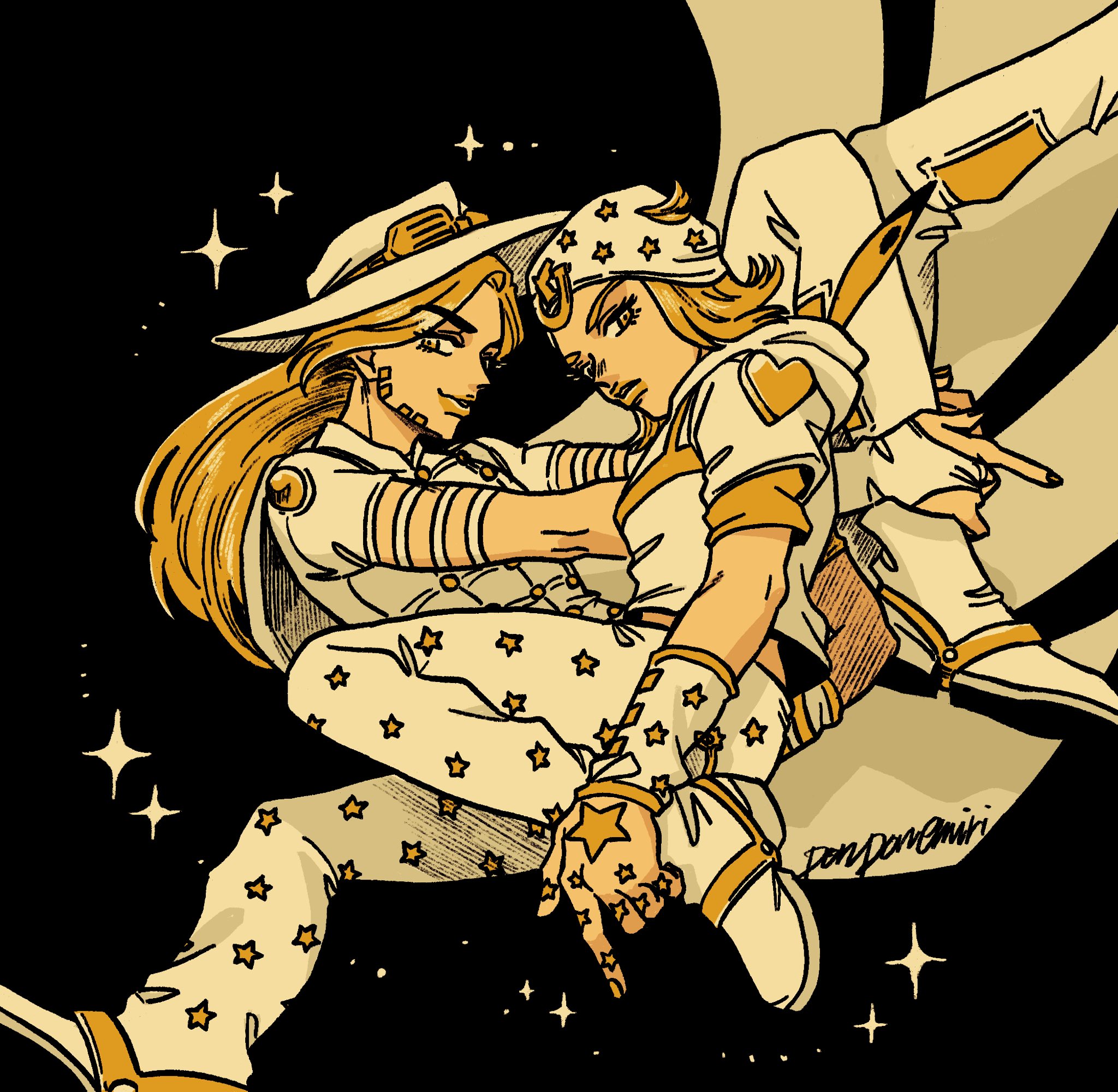 gyro zeppeli, johnny joestar, jojo no kimyou na bouken, steel ball run, hashtag-only commentary, highres, 2boys, arm warmers, beard, blonde hair, boots, bridal gauntlets, cape, chaps, cowboy hat, facial hair, feathers, goggles, goggles on headwear, hat, hatching (texture), heart ornament, high heel boots, high heels, hood, hood down, hoodie, horseshoe hat ornament, horseshoe ornament, limited palette, long hair, looking at viewer, male focus, multiple boys, pants, ponpon emiri, short sleeves, signature, smile, sparkle, spurs, star (symbol), star print, yellow theme