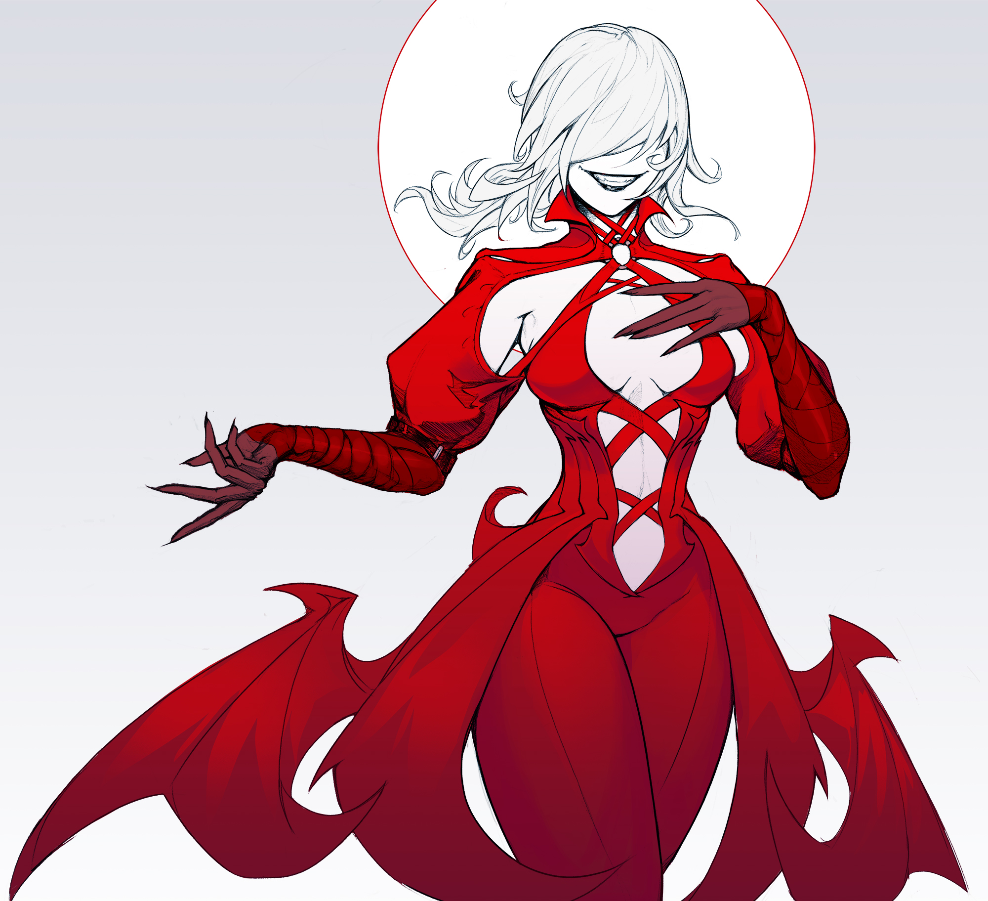 klinck foster, original, highres, 1girl, black lips, breasts, cleavage, dress, grey background, hair over eyes, long hair, pale skin, pants, red dress, simple background, smile, solo, teeth, thighs, white hair