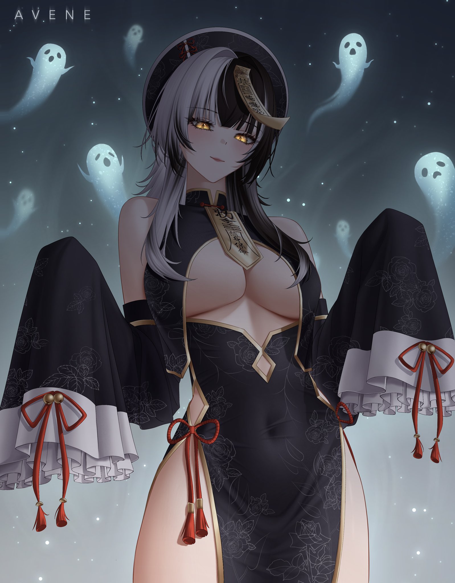 shiori novella, hololive, hololive english, commentary, hashtag-only commentary, highres, 1girl, alternate costume, avene chan, black dress, blunt bangs, breasts, china dress, chinese clothes, cleavage cutout, clothing cutout, detached sleeves, dress, floral print, floral print dress, frilled sleeves, frills, ghost, gold trim, grey hair, jiangshi costume, large breasts, light smile, long hair, long sleeves, looking at viewer, multicolored hair, ofuda, ofuda on head, pelvic curtain, print dress, side slit, sleeveless, sleeveless dress, sleeves past fingers, sleeves past wrists, solo, split-color hair, virtual youtuber, wide sleeves, yellow eyes
