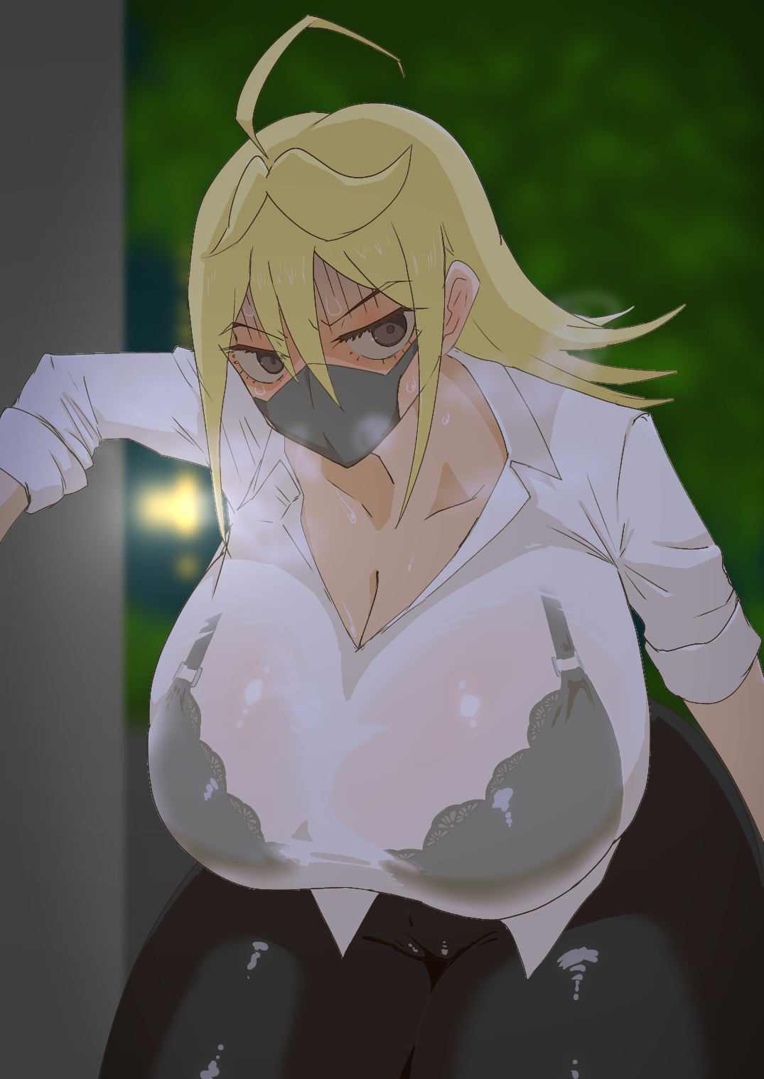 negaposi angler, highres, 1girl, ahoge, ane-san (negaposi), black bra, black thighhighs, blonde hair, blurry, blurry background, bra, bra visible through clothes, breasts, brown eyes, cameltoe, cleavage, hair between eyes, huge breasts, long hair, mask, mouth mask, outdoors, see-through clothes, shirt, solo, sunemoro, thick thighs, thighhighs, thighs, underwear, wet, wet clothes, wet shirt, white shirt