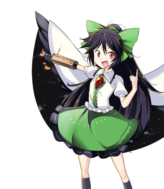 kiku hitomoji, tora tooru, toru tooru, reiuji utsuho, touhou, 1girl, black hair, bow, cape, female focus, fire, hair ribbon, kneehighs, long hair, open mouth, red eyes, ribbon, skirt, socks, solo, wings