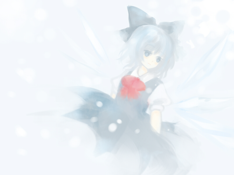 shiina aya, cirno, perfect cherry blossom, touhou, 1girl, blue eyes, blue hair, bow, bowtie, dress, female focus, hair ribbon, matching hair/eyes, pale color, ribbon, solo, white background, wings