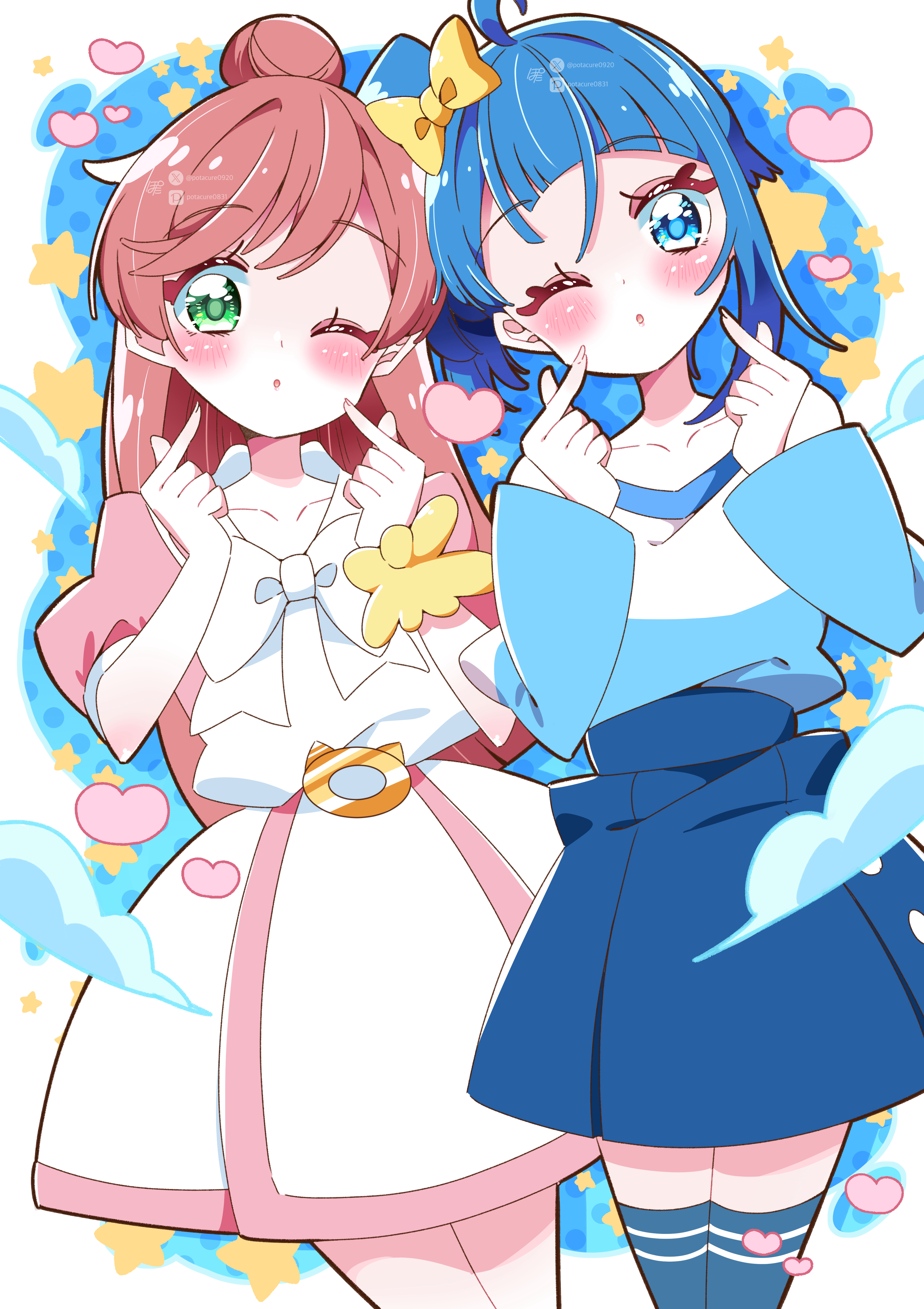 potacure, nijigaoka mashiro, sora harewataru, hirogaru sky! precure, precure, absurdres, commentary, highres, 2girls, ;o, artist name, blue eyes, blue hair, blue shirt, blue skirt, blue thighhighs, bow, bowtie, casual, collared dress, cowboy shot, cut bangs, dress, green eyes, hair bow, hair bun, hair ribbon, heart, long hair, long sleeves, looking at viewer, medium hair, miniskirt, multiple girls, one eye closed, parted lips, pink dress, pink hair, pixiv username, pointing, pointing at self, ribbon, scrunchie, shirt, short dress, side-by-side, side ponytail, signature, single hair bun, single sidelock, skirt, standing, star (symbol), t-shirt, thighhighs, twitter username, two-tone dress, two-tone shirt, white bow, white bowtie, white dress, white ribbon, white shirt, wrist scrunchie, yellow bow
