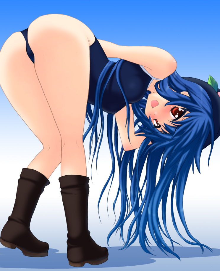saki chisuzu, hinanawi tenshi, touhou, 1girl, ass, blue hair, blush, boots, fang, female focus, gradient background, hat, long hair, one-piece swimsuit, red eyes, school swimsuit, solo, swimsuit, white background