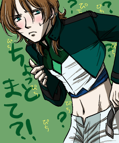 hairu (690n), lockon stratos, gundam, gundam 00, uniform, 00s, 1boy, ?, belt, male focus, midriff, navel, solo
