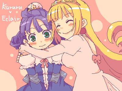 tsuyuka (sunny spot), eclair (la pucelle), princess kururu, la pucelle, little princess, marl kingdom, nippon ichi, lowres, 2girls, ^ ^, ahoge, back, bare back, blonde hair, blush, bow, character name, closed eyes, company connection, crossover, crown, double bun, dress, earrings, embarrassed, flat chest, flipped hair, formal clothes, green eyes, hair bun, happy, hug, jewelry, long hair, multiple girls, oekaki, polka dot, polka dot background, princess, profile, purple hair, queen, sidelocks, single hair bun, smile, upper body, very long hair