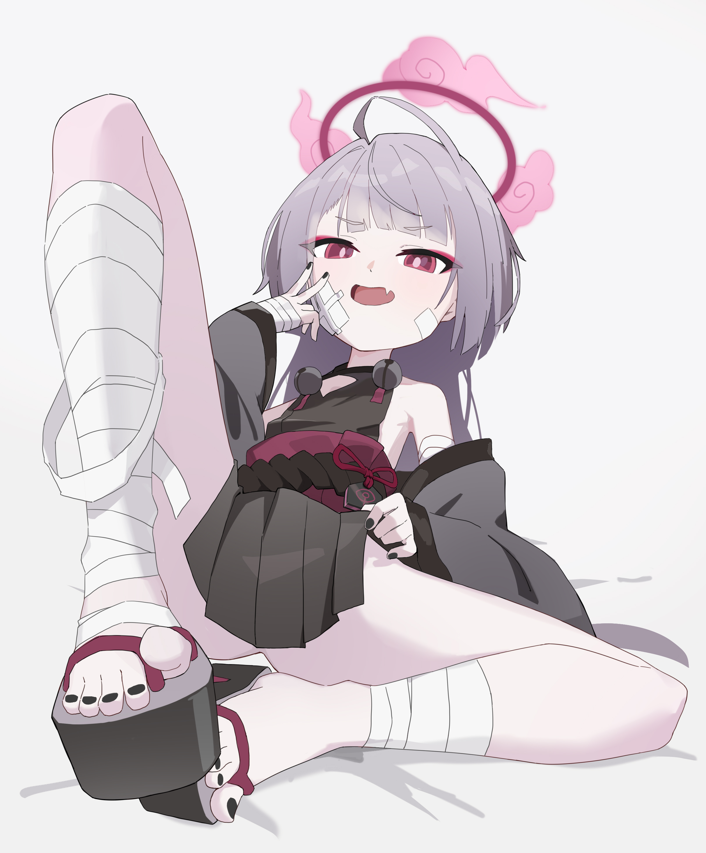 kaminari (edeath), shuro (blue archive), blue archive, absurdres, commentary, highres, 1girl, ahoge, bandaged arm, bandaged foot, bandaged hand, bandaged leg, bandages, bare shoulders, bell, black kimono, black nails, black skirt, blunt bangs, bow, cleavage cutout, clothes grab, clothing cutout, detached sleeves, diamond cutout, dot nose, fang, flat chest, foreshortening, full body, gauze, gauze on cheek, gauze on face, grey sleeves, halo, hand up, japanese clothes, jingle bell, kimono, long hair, looking at viewer, nail polish, obi, okobo, open mouth, platform sandals, pleated skirt, purple hair, red bow, red eyes, red halo, red sash, rope, sandals, sash, shimenawa, sideless dress, sideless kimono, sideless outfit, sidelocks, sitting, skin fang, skirt, solo, spread legs, straight hair, thighs, v, v-shaped eyebrows