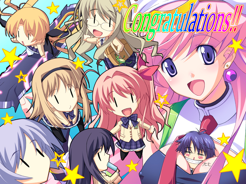 matsuo yukihiro, aoi sena, gero kaerun, kishimoto ayase, kusunoki yua, nishijou nanami, nishijou takumi, orihara kozue, sakihata rimi, seira, seira orgel, 5pb., blood tune, chaos;head, chaos;head love chu chu!, science adventure, plaid, silver hair, game cg, 00s, 1boy, 6+girls, = =, antenna hair, bag, between breasts, black thighhighs, blonde hair, blood, blue hair, blush, breasts, brown hair, chibi, cleavage, cleavage cutout, clothing cutout, congratulations, covered erect nipples, earrings, everyone, food, glasses, grin, hair ribbon, hairband, jewelry, large breasts, long hair, multiple girls, necktie, nosebleed, one side up, pink hair, popsicle, purple hair, rainbow text, ribbon, school bag, school uniform, serafuku, short hair, skirt, smile, star (symbol), strapless, thighhighs, tube top, turtleneck, twintails