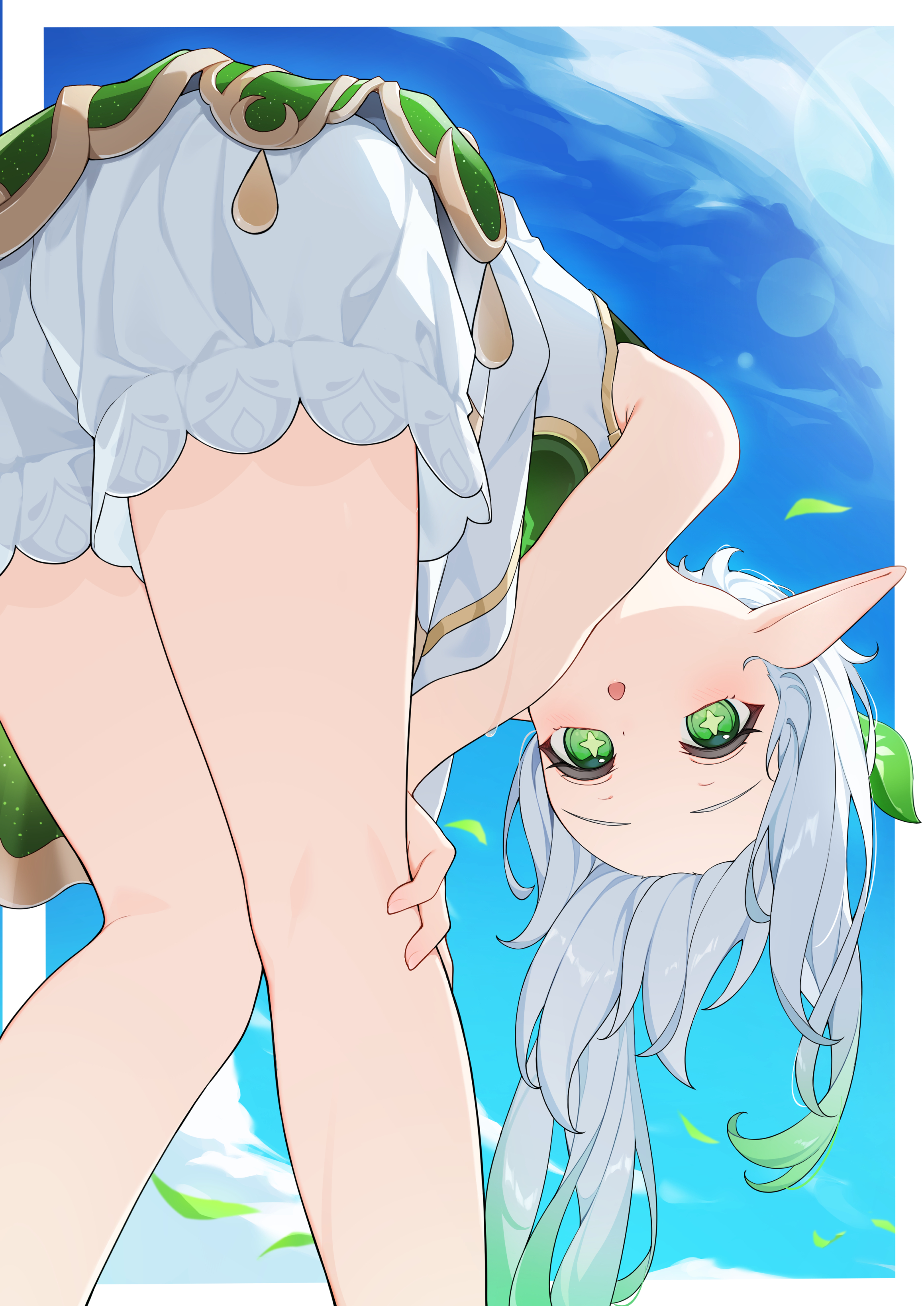 yuu maraa, nahida (genshin impact), genshin impact, absurdres, commentary request, highres, 1girl, :o, bare shoulders, bent over, bloomers, blue sky, blush, day, dress, gold trim, gradient hair, green eyes, green hair, hair ornament, hand on own knee, leaf hair ornament, long hair, multicolored hair, outdoors, pointy ears, sky, sleeveless, sleeveless dress, solo, star-shaped pupils, star (symbol), symbol-shaped pupils, underwear, white bloomers, white dress, white hair