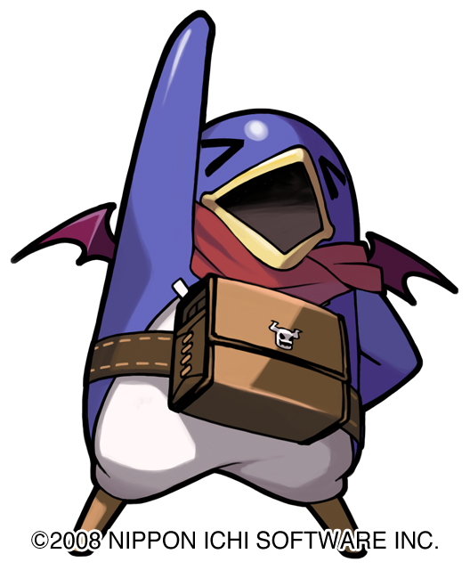 prinny, disgaea, makai senki disgaea 2, makai senki disgaea 3, nippon ichi, prinny (series), prinny can i really be the hero?, prinny ~ore ga shujinkou de iinsuka?~, > <, closed eyes, no humans, open mouth, prinny (seres), scarf, solo, watermark, wings