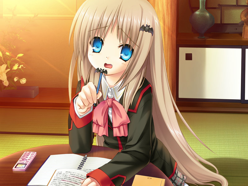 na-ga, noumi kudryavka, little busters!, game cg, 1girl, blonde hair, blue eyes, bow, brown hair, female focus, hair ornament, hairclip, pink bow, school uniform, serafuku, solo