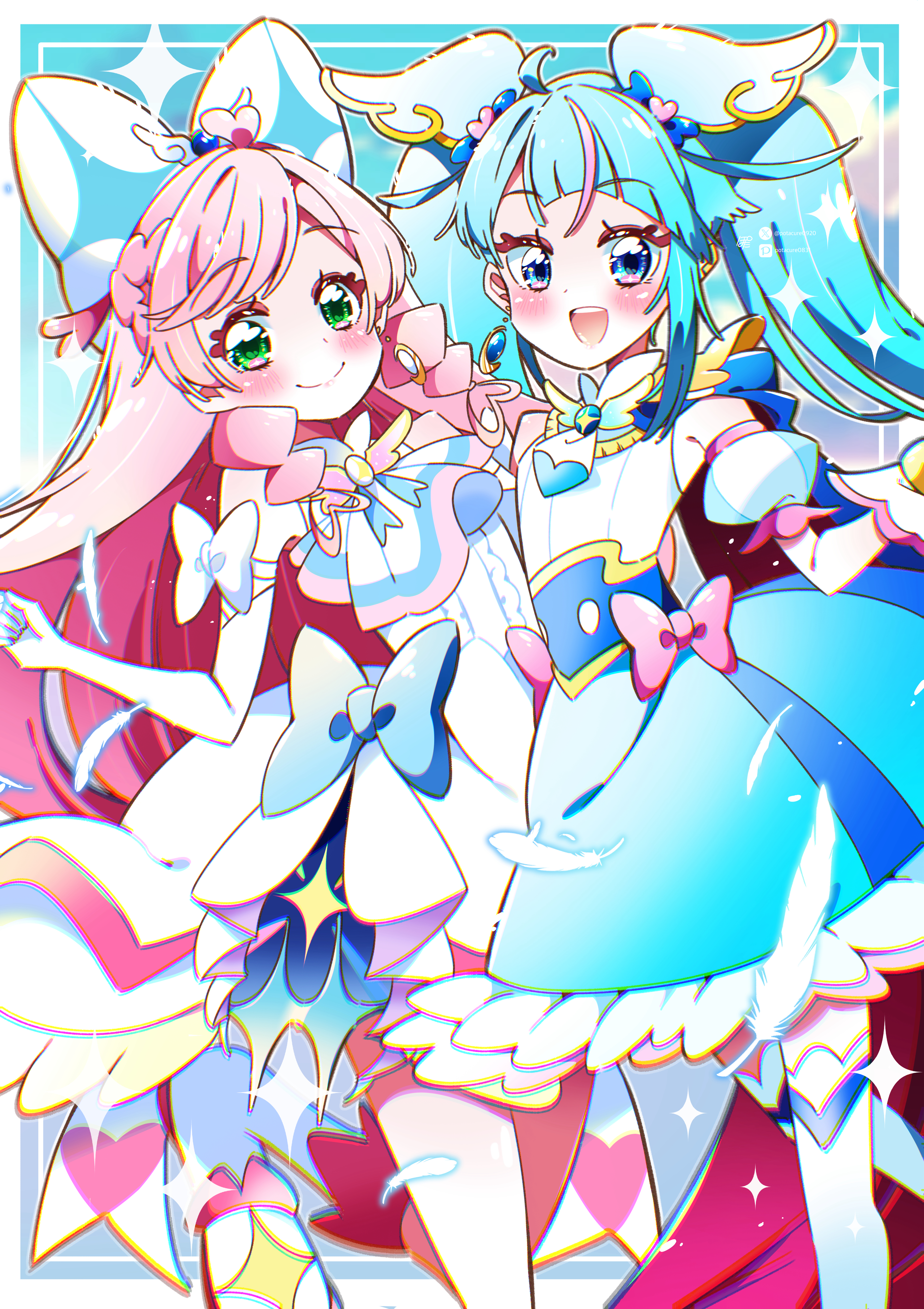 potacure, cure prism, cure sky, nijigaoka mashiro, sora harewataru, hirogaru sky! precure, precure, absurdres, commentary, highres, 2girls, artist name, ascot, blue bow, blue cape, blue dress, blue eyes, blue hair, bow, braid, brooch, cape, center frills, closed mouth, crown braid, cut bangs, detached sleeves, dress, dress bow, earclip, earrings, elbow gloves, feathers, frilled dress, frills, fringe trim, glove bow, gloves, green eyes, hair bow, hair ornament, jewelry, layered dress, long hair, looking at viewer, magical girl, medium dress, multicolored hair, multiple girls, open mouth, pink bow, pink hair, pixiv username, puffy detached sleeves, puffy sleeves, red cape, side-by-side, side braids, signature, single earring, single sidelock, sleeveless, sleeveless dress, smile, sparkle, standing, streaked hair, thighhighs, twintails, twitter username, two-sided cape, two-sided fabric, two-tone dress, two-tone hair, very long hair, white ascot, white bow, white dress, white feathers, white gloves, white thighhighs, wing brooch, wing hair ornament
