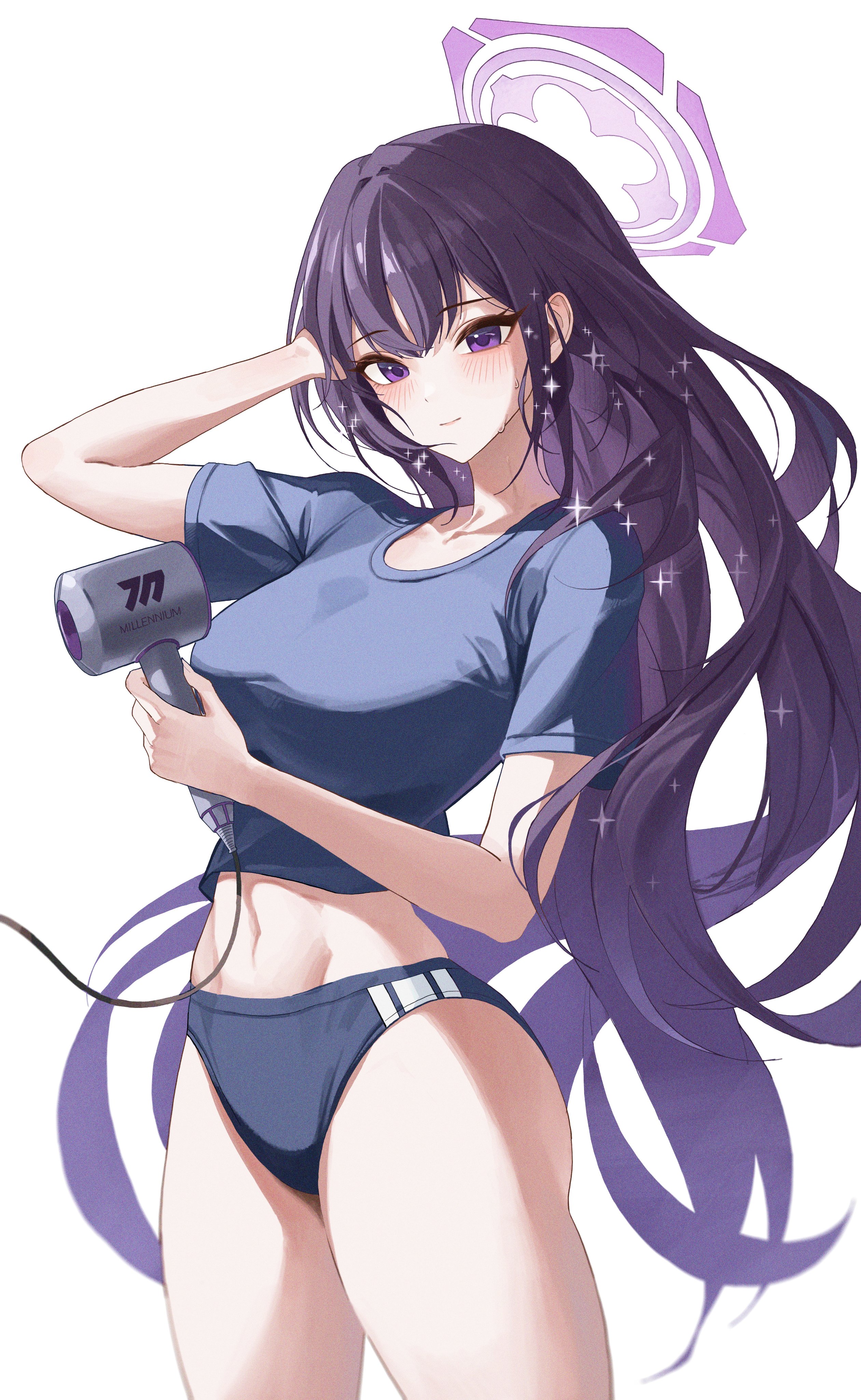 4meart0112, sumire (blue archive), blue archive, absurdres, highres, 1girl, alternate hairstyle, black buruma, black hair, breasts, buruma, gradient hair, gym shirt, gym uniform, hair down, halo, long hair, multicolored hair, purple eyes, shirt