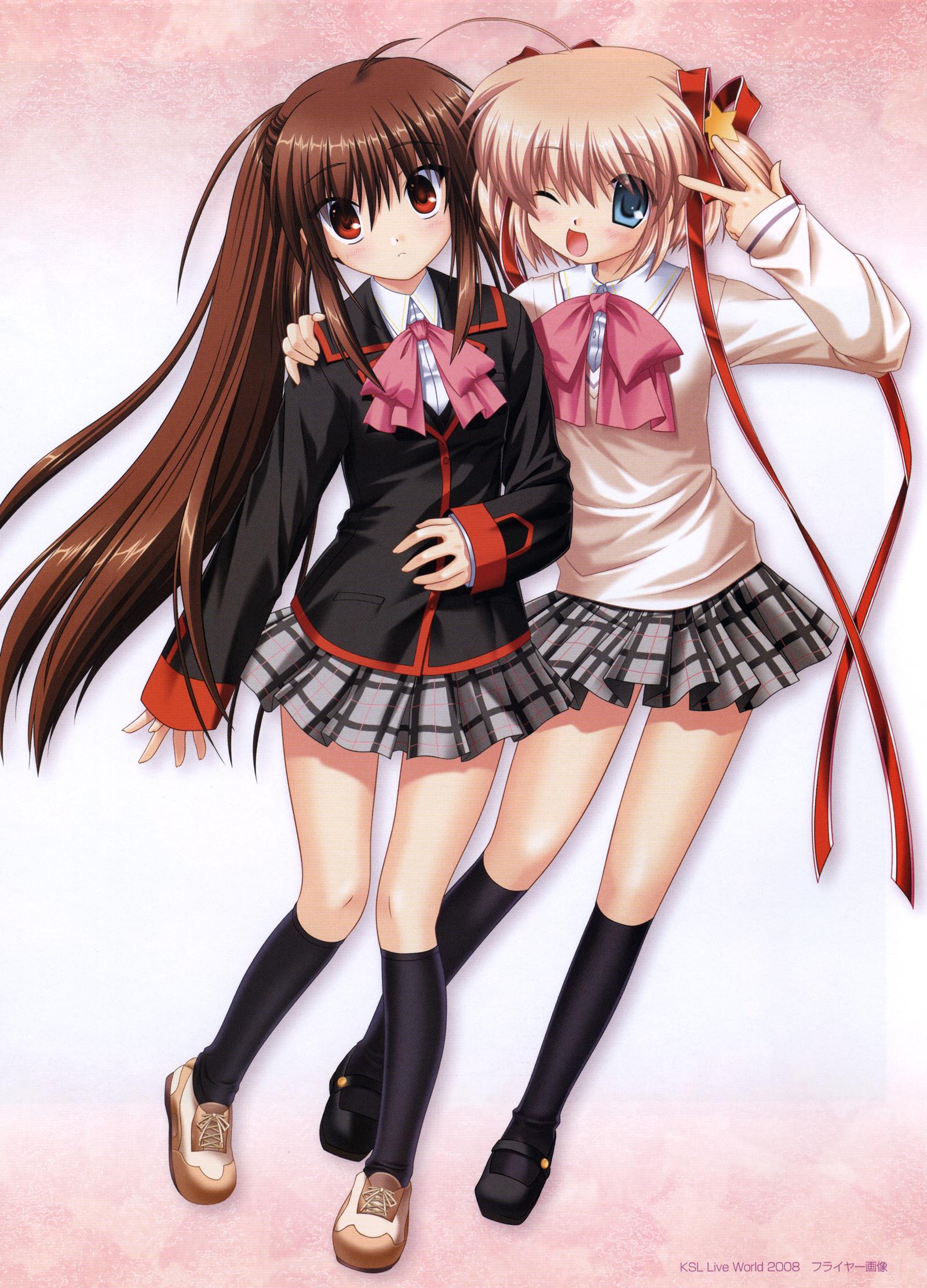 kamikita komari, natsume rin, little busters!, highres, 2girls, aqua eyes, blonde hair, blush, bow, brown hair, happy, long hair, multiple girls, pink bow, red eyes, ribbon, school uniform, serafuku, short hair, smile, very long hair
