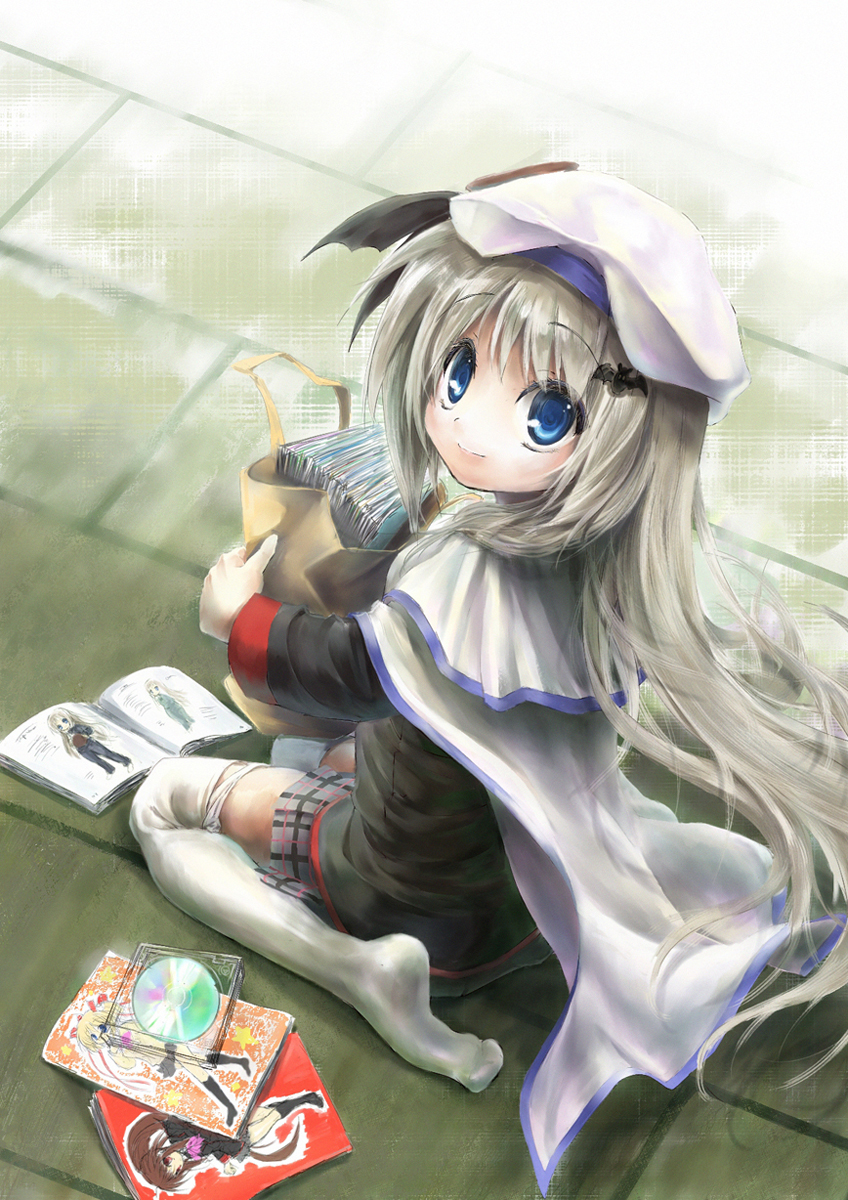 noumi kudryavka, little busters!, silver hair, highres, blue eyes, cape, cd, happy, hat, magazine (object), school uniform, serafuku, smile, solo, thighhighs