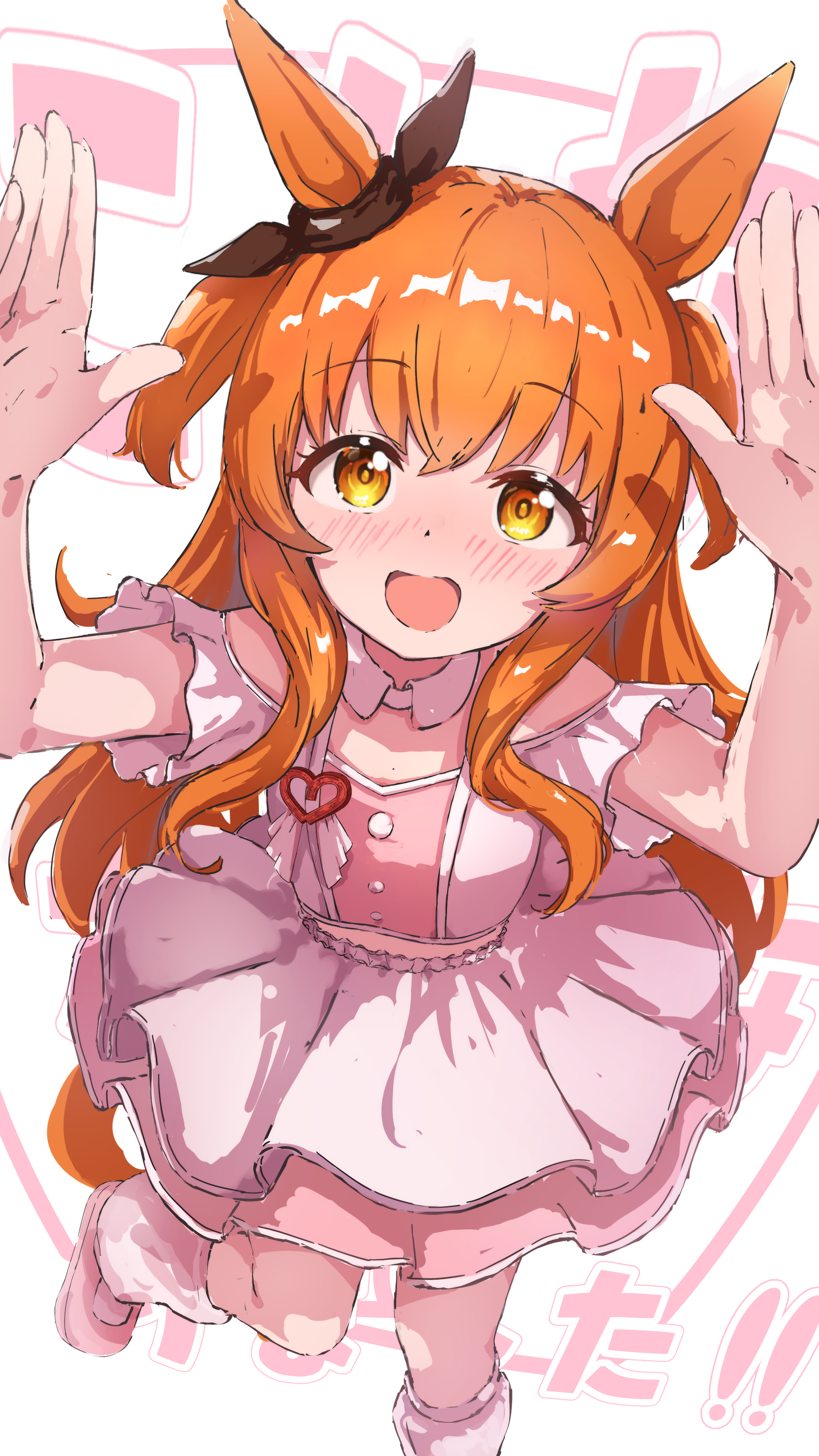 mirukuberu, mayano top gun (umamusume), umamusume, absurdres, highres, 1girl, animal ears, blush, bow, breasts, clothing cutout, cropped shirt, detached collar, ear bow, ear ornament, hair between eyes, hair ornament, hands up, horse ears, horse girl, horse tail, layered skirt, long hair, looking at viewer, loose socks, meni shuki rush-sshu!, open mouth, orange eyes, orange hair, pink shirt, pink shoes, pink skirt, pink socks, shirt, shoes, shoulder cutout, skirt, smile, socks, solo, tail, two side up