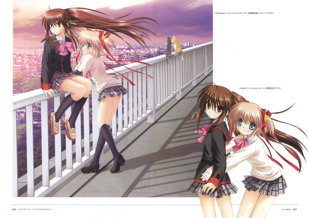 hinoue itaru, na-ga, kamikita komari, natsume rin, little busters!, 2girls, aqua eyes, blush, bow, cat, city, cloud, happy, long hair, miniskirt, multiple girls, pink bow, red eyes, ribbon, school uniform, serafuku, serious, short hair, sky, smile, very long hair, wind