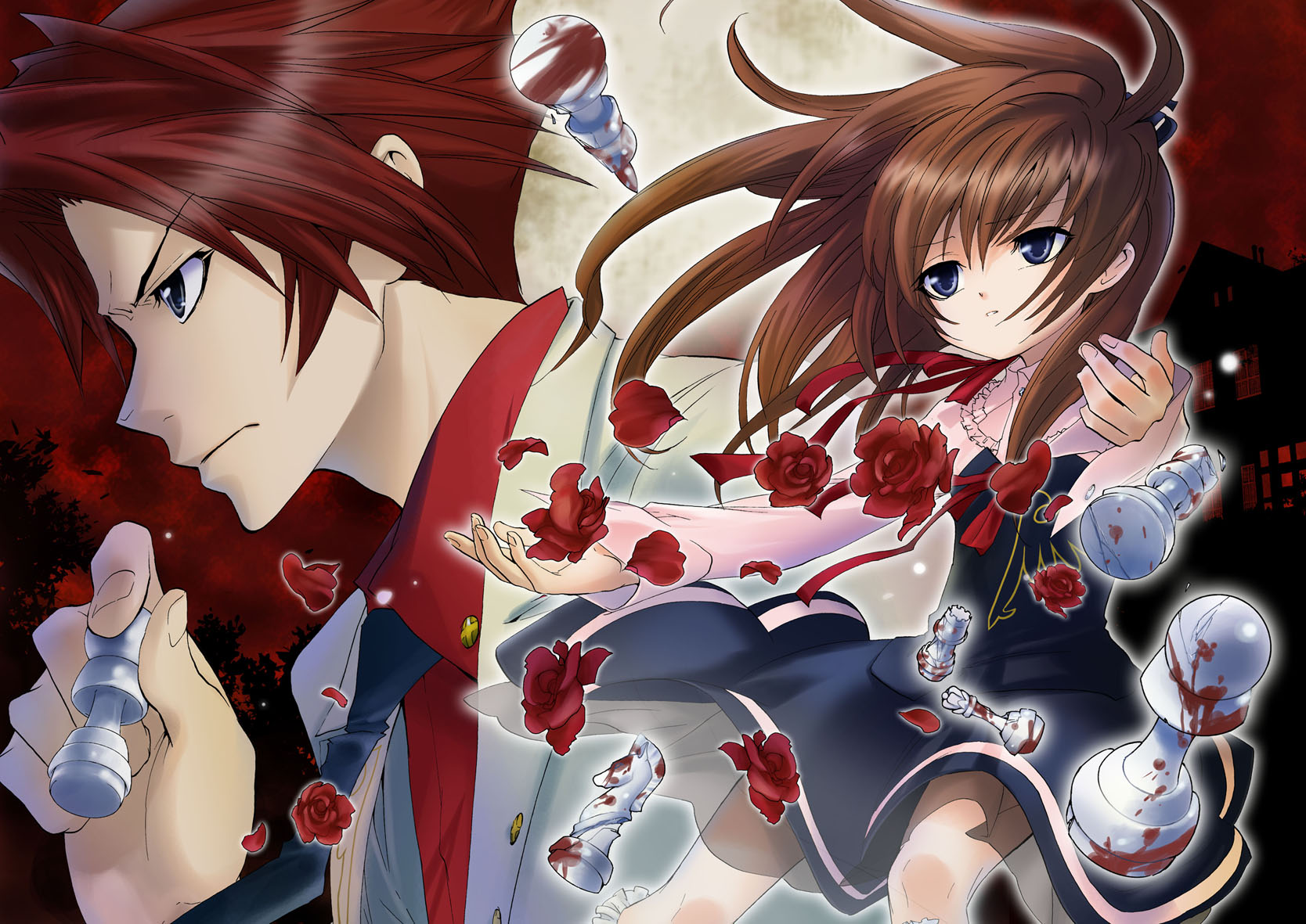 natsumi kei, ushiromiya battler, ushiromiya maria, umineko no naku koro ni, highres, official art, 00s, 1boy, 1girl, blood, blue eyes, board game, brown hair, chess, cousins, crown, dress, flower, forest, nature, red hair, red theme, rose, serious, wind