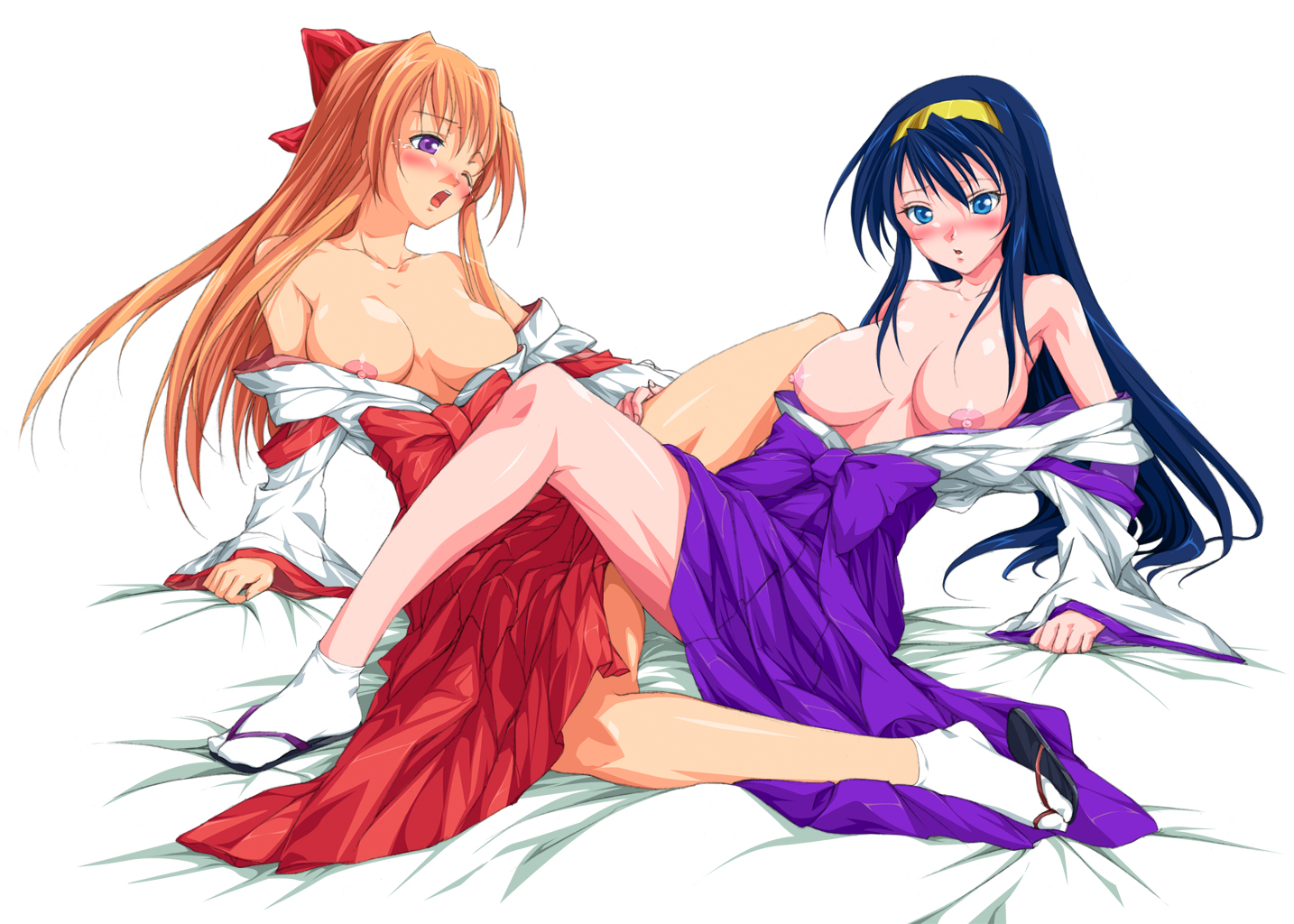 sayika, himemiya chikane, kurusugawa himeko, kannazuki no miko, bad id, bad pixiv id, 00s, 2girls, :o, ;o, arm support, bare legs, bare shoulders, bed, bed sheet, blue eyes, blue hair, blush, bow, breasts, breasts apart, breasts out, clothes down, collarbone, female focus, full body, hairband, hakama, hakama skirt, half updo, japanese clothes, knee up, large breasts, legs, long hair, long sleeves, looking at another, miko, moaning, multiple girls, neck, nipples, off shoulder, one eye closed, open mouth, orange hair, purple eyes, purple hakama, purple skirt, red bow, red hakama, red ribbon, red skirt, ribbon, round teeth, sandals, sheet grab, sitting, skirt, socks, spread legs, tabi, tears, teeth, tribadism, undressing, white background, wide sleeves, wince, yellow hairband, yuri