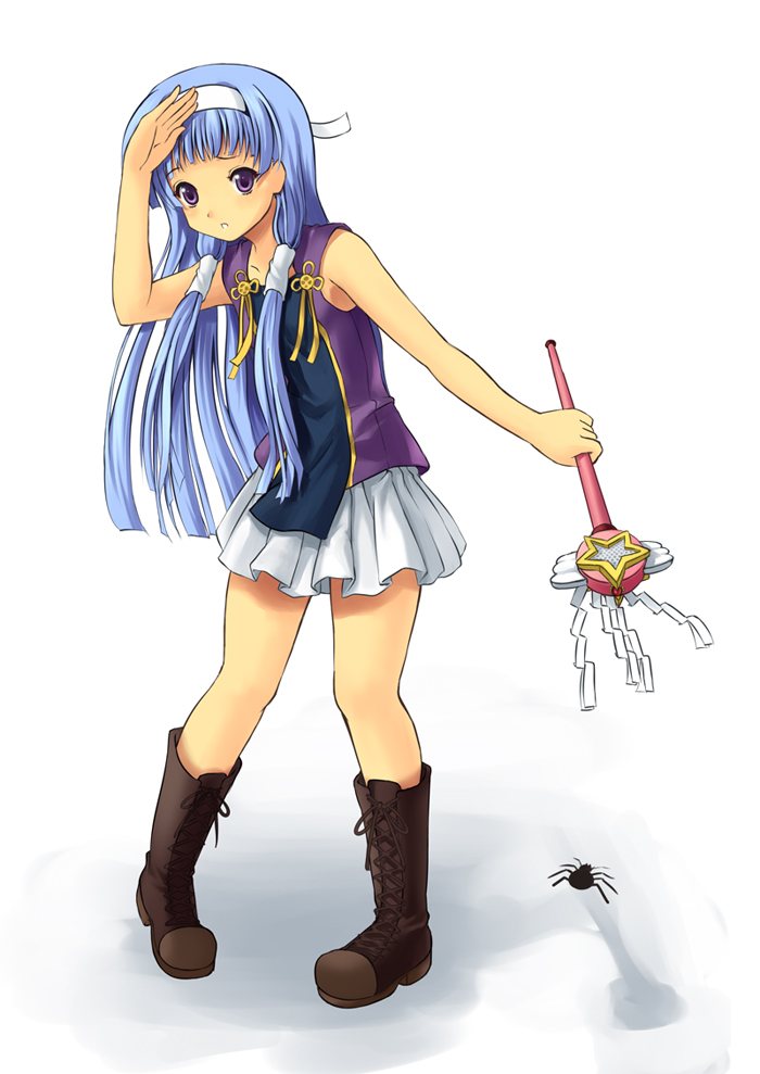 kitiroku, nagi, kannagi, bad id, bad pixiv id, 00s, 1girl, blue hair, blunt bangs, boots, bug, female focus, hair tubes, hairband, long hair, miniskirt, pleated skirt, purple eyes, skirt, solo, spider, wand, white skirt
