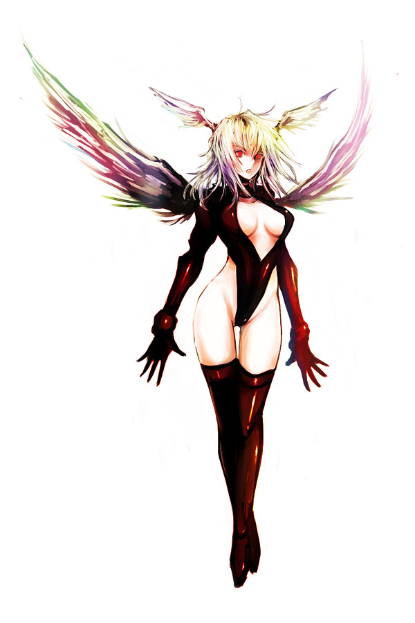 kara (color), ultima (fft), final fantasy, final fantasy tactics, silver hair, 1girl, :o, angel wings, bodysuit, boots, breasts, breasts apart, cleavage, cleavage cutout, clothing cutout, crossed legs, elbow gloves, feathers, female focus, full body, gloves, groin, halterneck, head wings, highleg, highleg leotard, large breasts, leotard, long hair, looking at viewer, open mouth, red boots, red eyes, red thighhighs, sideboob, simple background, solo, standing, thigh boots, thigh gap, thighhighs, thighs, turtleneck, watson cross, white background, wings