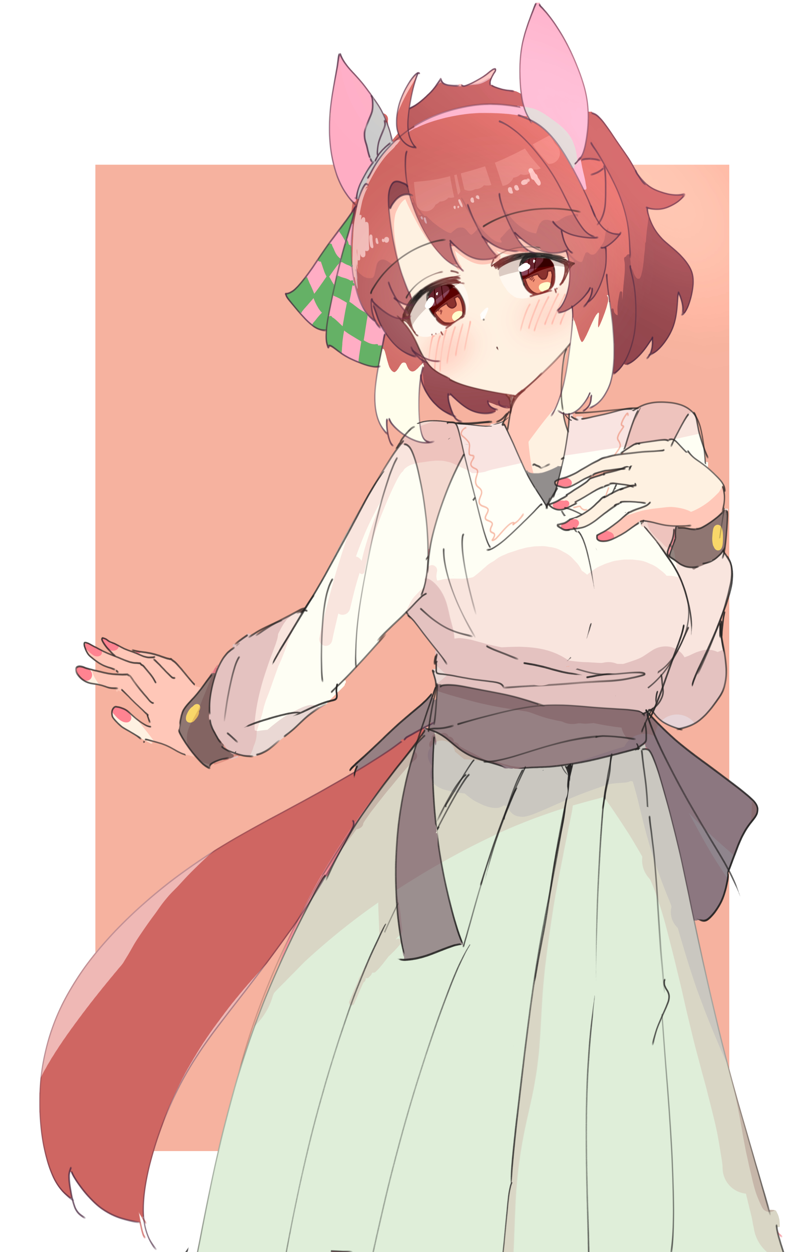 taky, dantsu flame (umamusume), umamusume, absurdres, commentary request, highres, 1girl, ahoge, alternate costume, animal ears, blush, breasts, brown eyes, brown hair, closed mouth, ear covers, ear ornament, green skirt, hair between eyes, hairband, hakama, hakama skirt, horse ears, horse girl, horse tail, japanese clothes, kimono, large breasts, long sleeves, looking at viewer, multicolored hair, pink hairband, red nails, short hair, simple background, skirt, solo, tail, white hair, white kimono