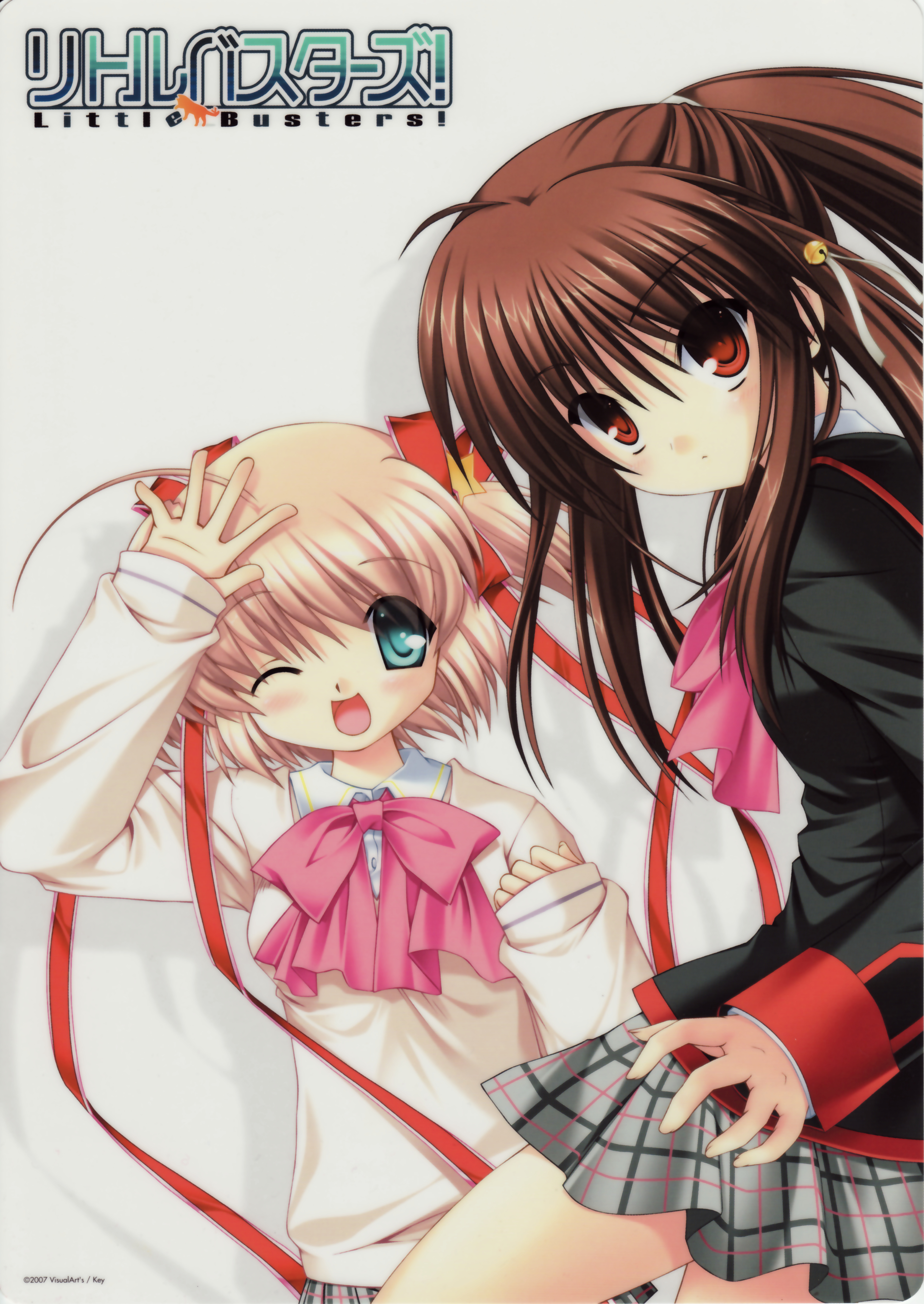 hinoue itaru, na-ga, kamikita komari, natsume rin, little busters!, absurdres, highres, 2girls, aqua eyes, blonde hair, blush, bow, brown hair, happy, long hair, multiple girls, pink bow, red eyes, ribbon, school uniform, serafuku, serious, short hair, smile