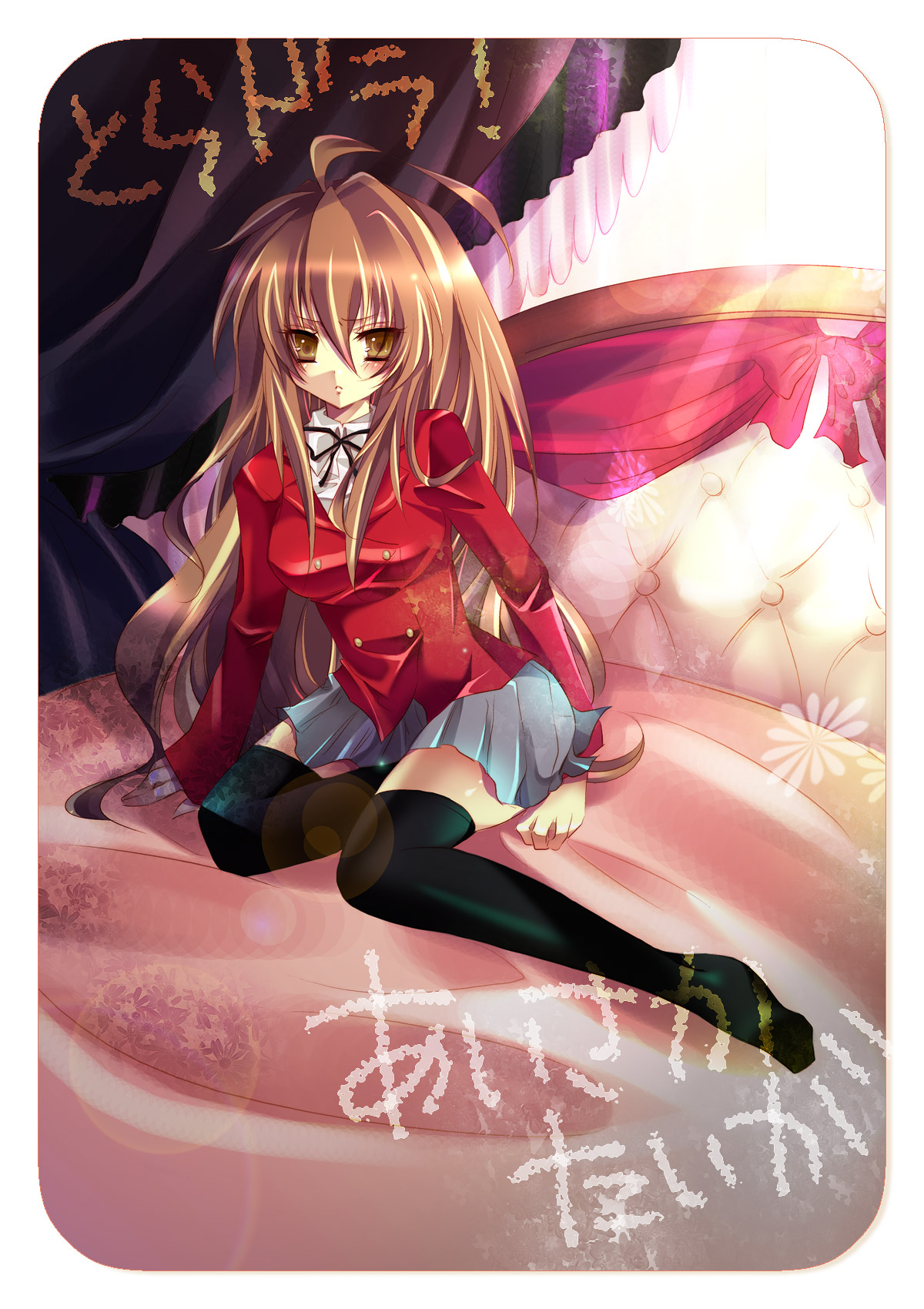aisaka taiga, toradora!, highres, 00s, bed, brown eyes, brown hair, school uniform, serafuku, solo, thighhighs