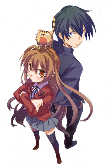 zekkyou, zekkyou (h9s9), aisaka taiga, palmtop tiger, takasu ryuuji, toradora!, official art, 00s, 1boy, 1girl, animal, animal on head, brown eyes, brown hair, cat, cat on head, on head, perspective, school uniform, serafuku, thighhighs, tiger