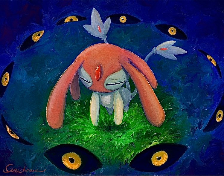 gyura, mesprit, nintendo, pokemon, closed eyes, closed mouth, floating, forehead jewel, full body, gem, gen 4 pokemon, grass, legendary pokemon, multiple tails, no humans, pokemon (creature), pokemon focus, red gemstone, tail, two tails, yellow eyes