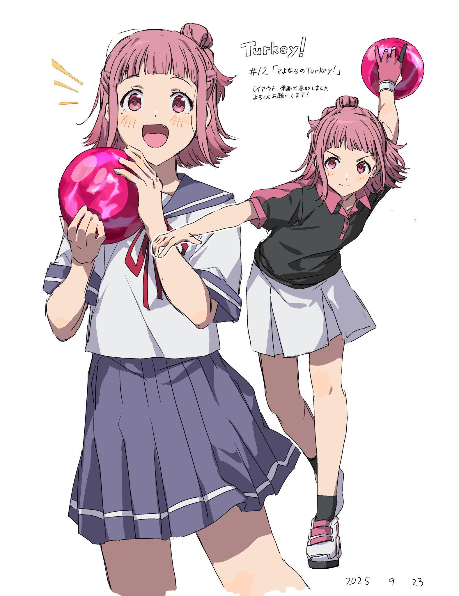 takatisakana, otonashi mai, turkey! (series), highres, 1girl, 2025, black shirt, blue sailor collar, blue skirt, bowling glove, copyright name, gloves, holding bowling ball, medium hair, neck ribbon, open mouth, partially fingerless gloves, pink eyes, pink gloves, pink hair, pleated skirt, red ribbon, ribbon, sailor collar, school uniform, serafuku, shirt, simple background, skirt, white background, white serafuku, white shirt, white skirt