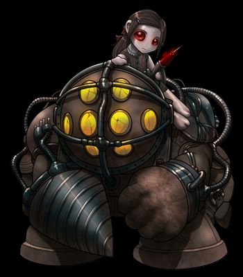 big daddy (bioshock), little sister (bioshock), bioshock (series), lowres, 1boy, 1girl, black background, chibi, sitting