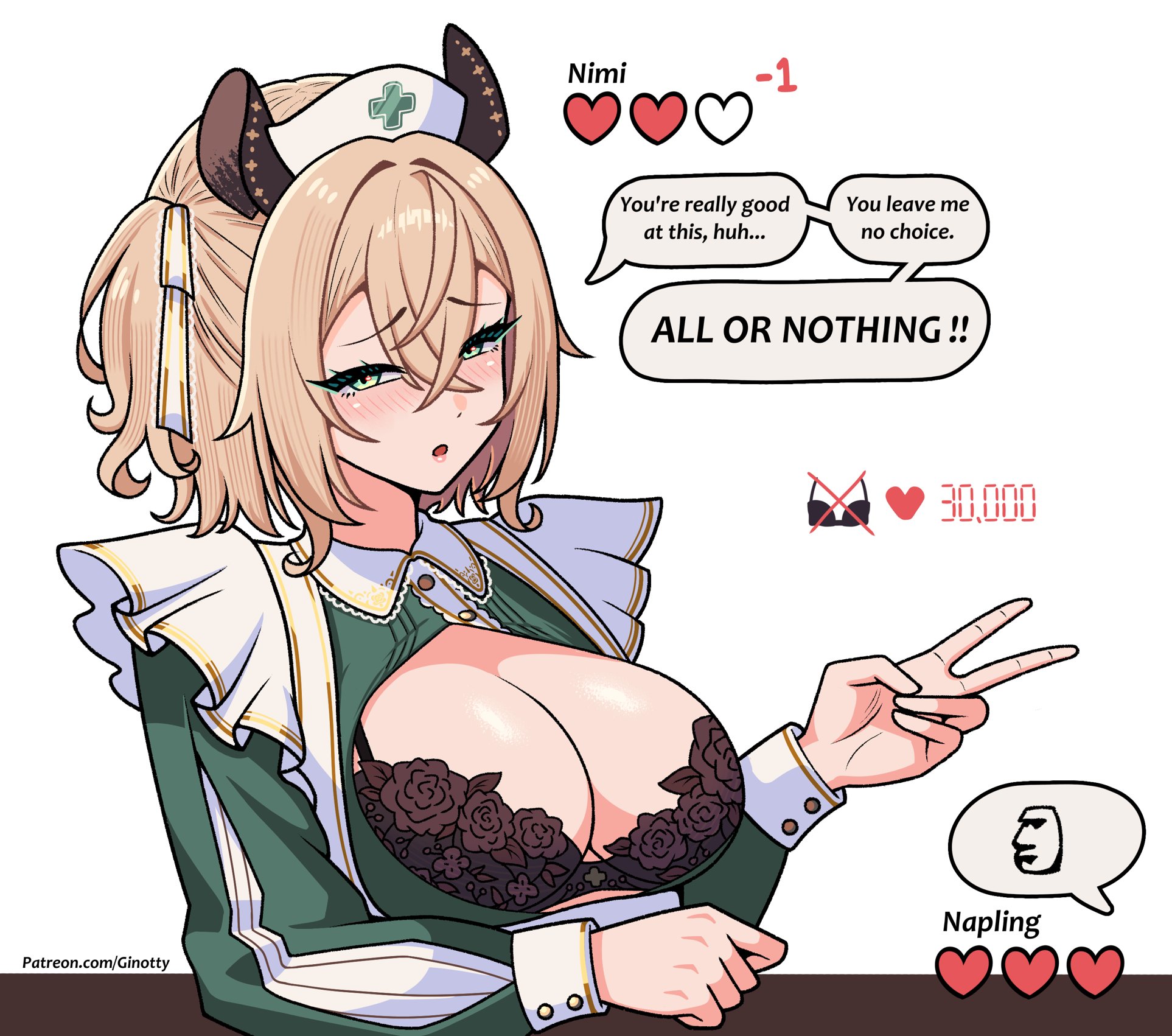 ginotty, nimi nightmare, indie virtual youtuber, highres, 1girl, animal ears, black bra, blush, bra, breasts, brown hair, green eyes, health bar, heart, lace, lace bra, large breasts, rock paper scissors, side ponytail, simple background, smile, solo, speech bubble, tapir ears, tapir girl, twitter strip game parody, underwear, upper body, virtual youtuber, white background