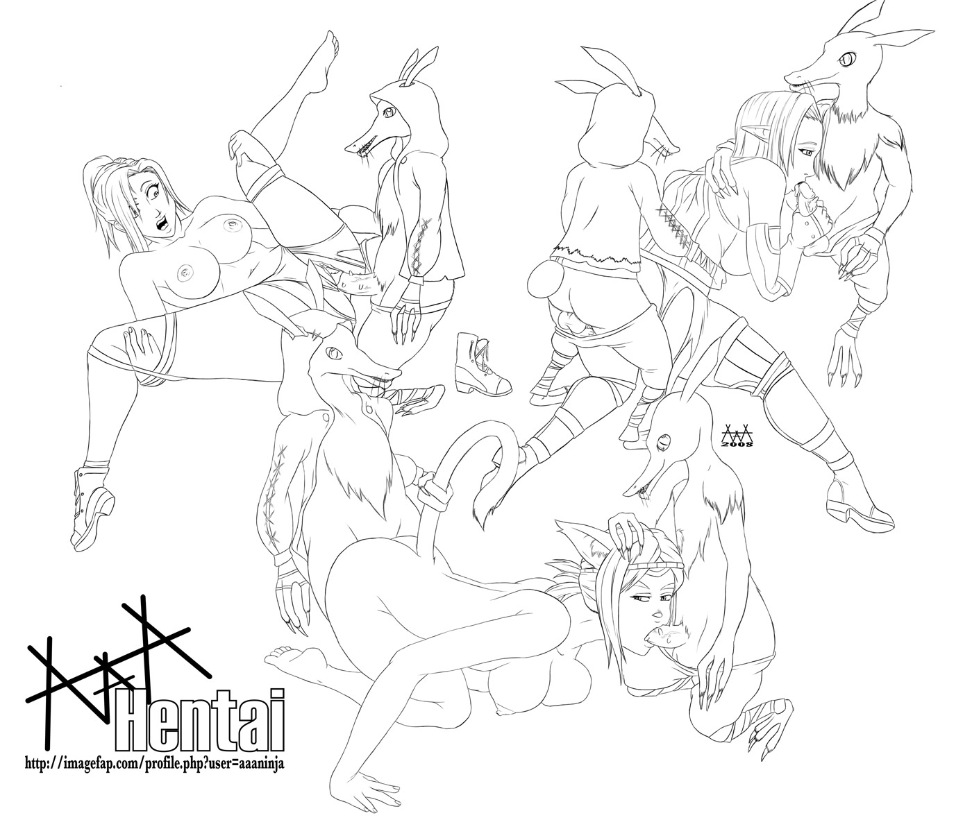 aaaninja, elvaan, mithra (ff11), final fantasy, final fantasy xi, bestiality, elf, group sex, hume, ilneart, monochrome, monster, pointy ears