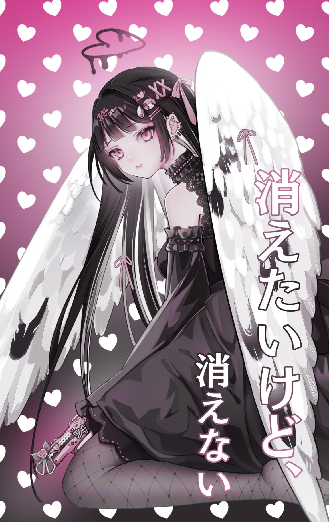 original, commentary, english commentary, highres, translation request, 1girl, barbell piercing, bare shoulders, black dress, black hair, black halo, black pantyhose, breasts, dress, ear piercing, feathered wings, fishnet pantyhose, fishnets, from side, full body, gun, hair ornament, hair ribbon, hairclip, halo, handgun, heart, heart background, heart halo, holding, holding gun, holding weapon, long hair, long sleeves, looking at viewer, melting halo, multiple piercings, pantyhose, parallel hairclips, parted lips, piercing, pink background, pink eyes, pink ribbon, ribbon, solo, vyeranika, weapon, white wings, wings, x hair ornament