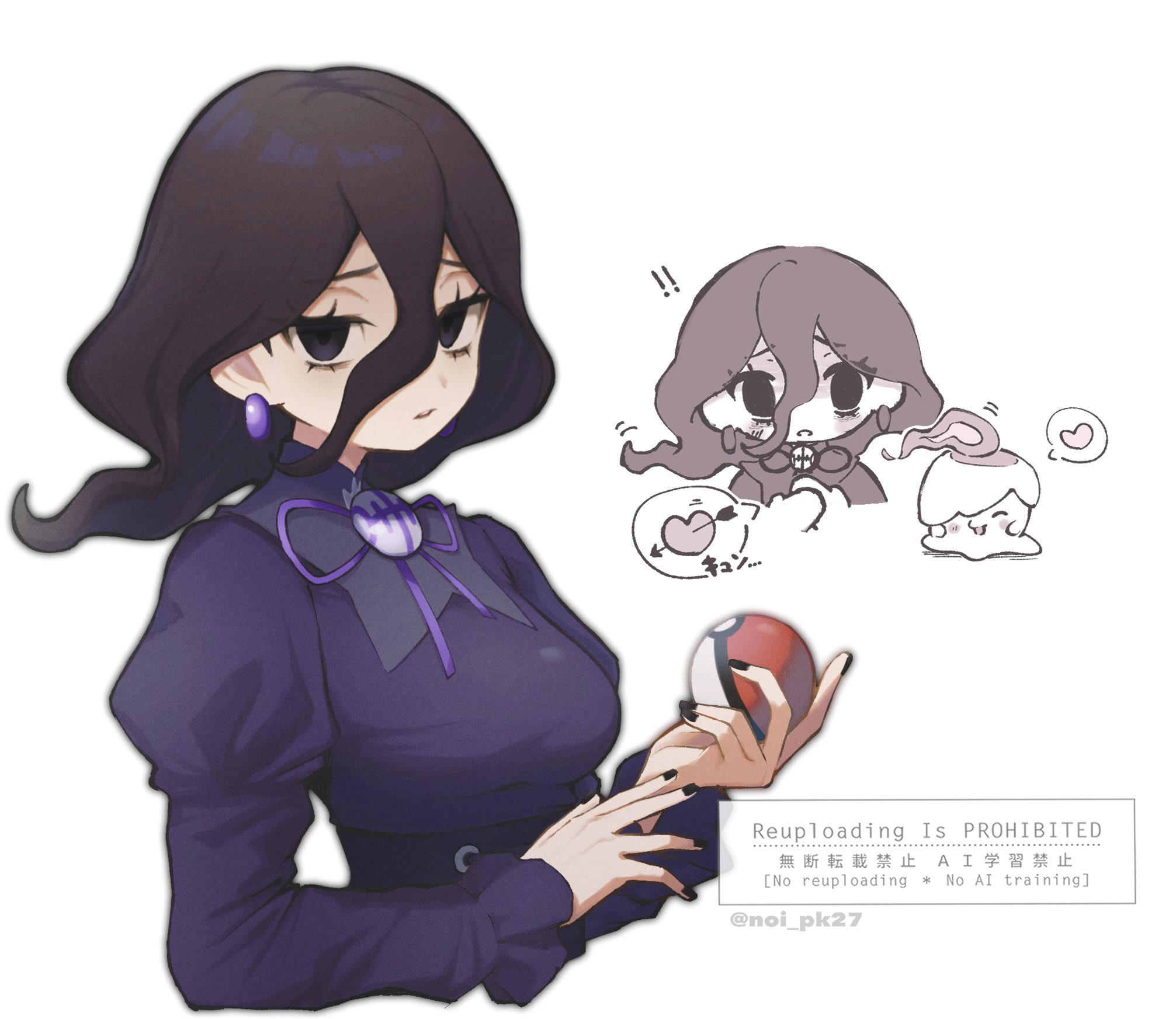 noi (noi pk27), hex maniac (pokemon), hex maniac (pokemon legends: z-a), litwick, nintendo, pokemon, pokemon legends: z-a, highres, 1girl, arrow through heart, black corset, black dress, black hair, breasts, candle, closed eyes, closed mouth, corset, dress, earrings, fire, gen 5 pokemon, hair between eyes, heart, holding, holding poke ball, jewelry, juliet sleeves, long hair, long sleeves, looking at viewer, neck ribbon, open mouth, poke ball, poke ball (basic), pokemon (creature), puffy sleeves, purple dress, purple ribbon, ribbon, smile