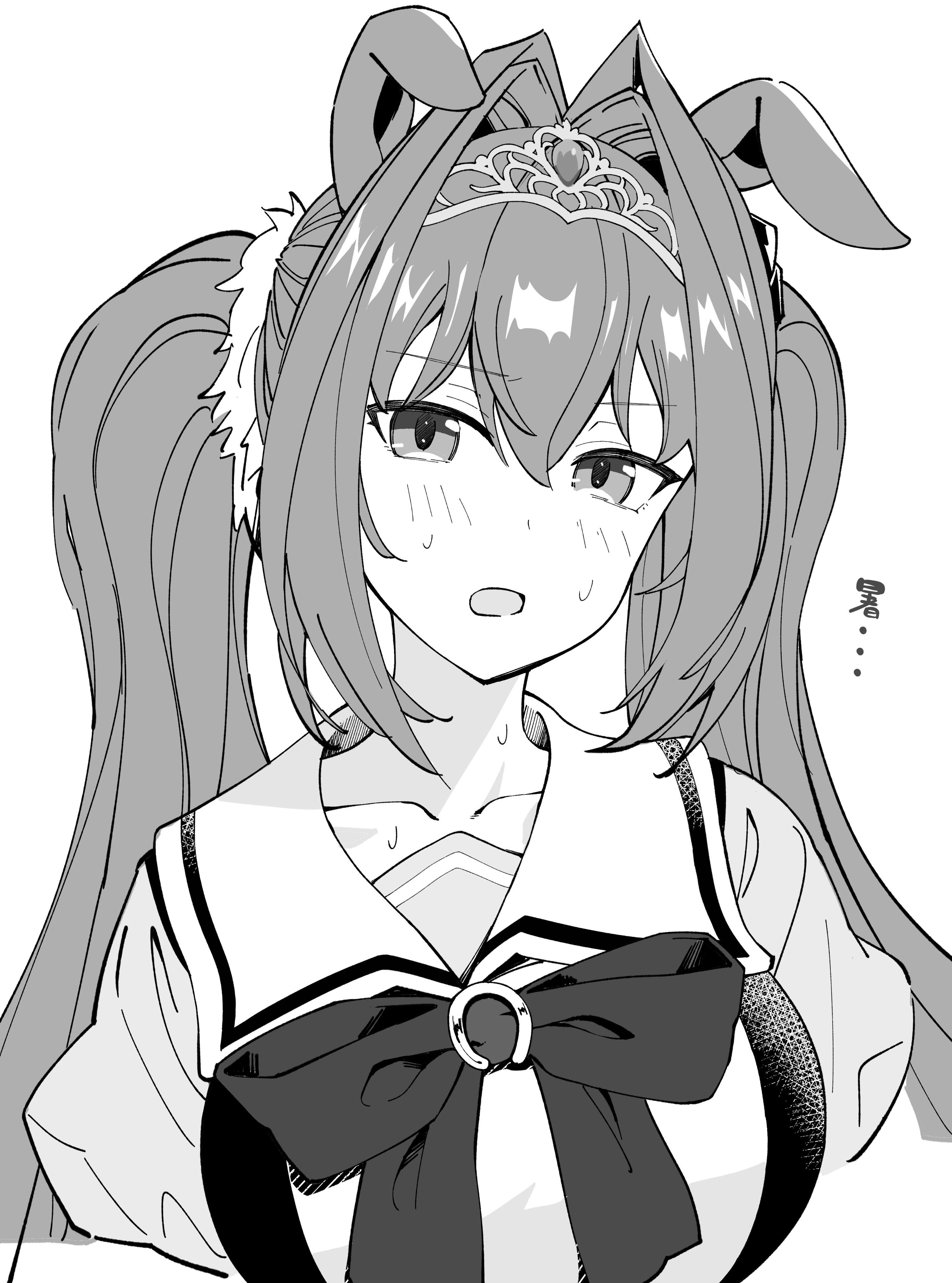 oxymoron 0213, daiwa scarlet (umamusume), umamusume, absurdres, highres, 1girl, animal ears, bow, breasts, collarbone, greyscale, hair between eyes, hair intakes, horse ears, horse girl, large breasts, long hair, looking at viewer, monochrome, open mouth, puffy short sleeves, puffy sleeves, sailor collar, sailor shirt, school uniform, shirt, short sleeves, simple background, solo, sweat, tiara, tracen school uniform, twintails, upper body, very long hair