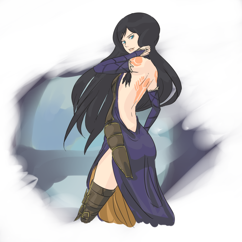 hachimitsuboi, shanoa (castlevania), castlevania: order of ecclesia, castlevania (series), 1girl, adjusting hair, aqua eyes, ass, back, backless dress, backless outfit, bare back, bare shoulders, black hair, blue eyes, boots, bridal gauntlets, dress, feathers, female focus, long hair, looking back, solo, tattoo, thighhighs, zettai ryouiki